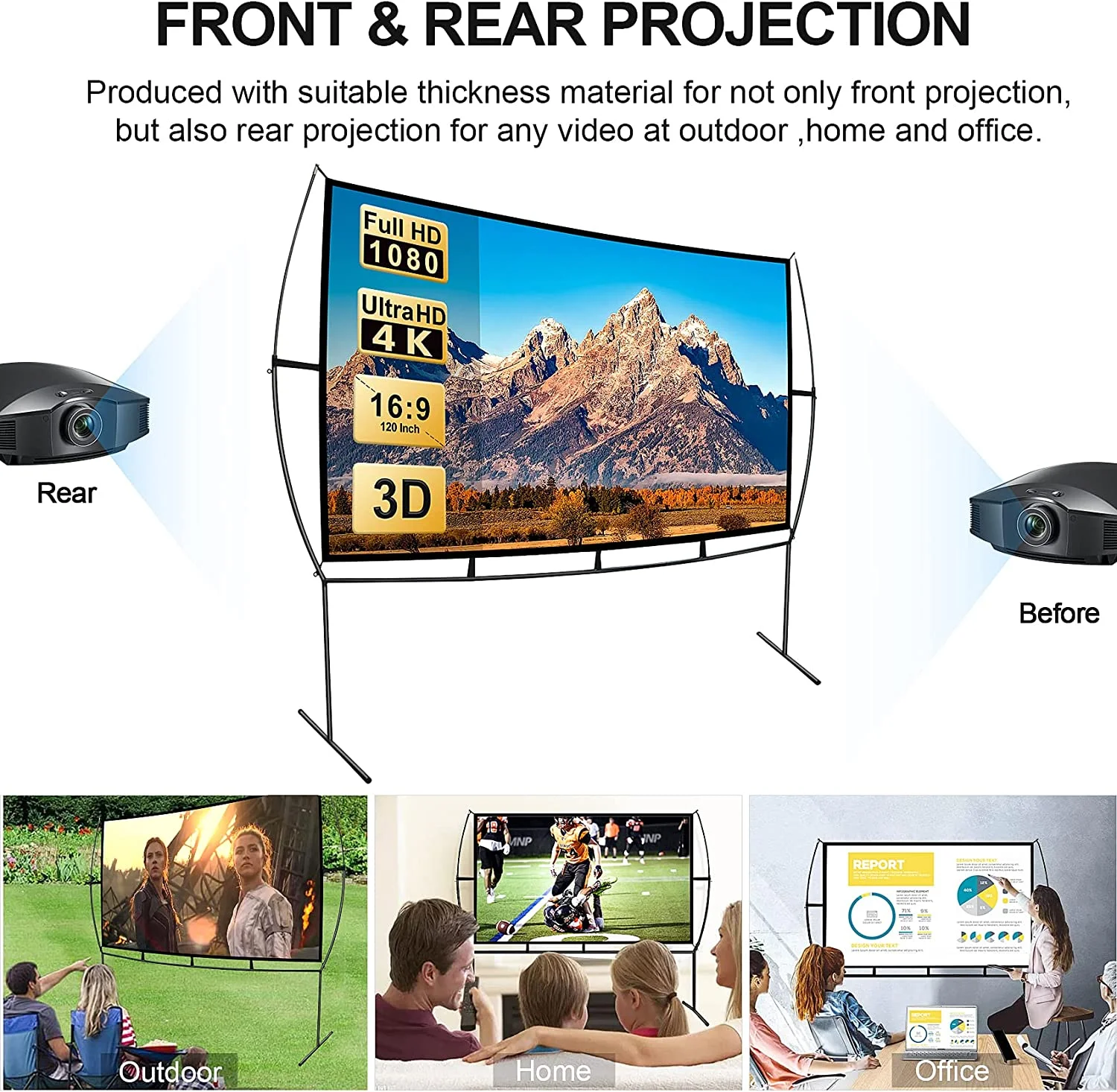 Projector Screen with Stand Foldable Portable Movie Screen 120 Inch, HD 4K Double Sided Projection Screen Indoor Outdoor Projector Movies Screen for Home Theater,16:9