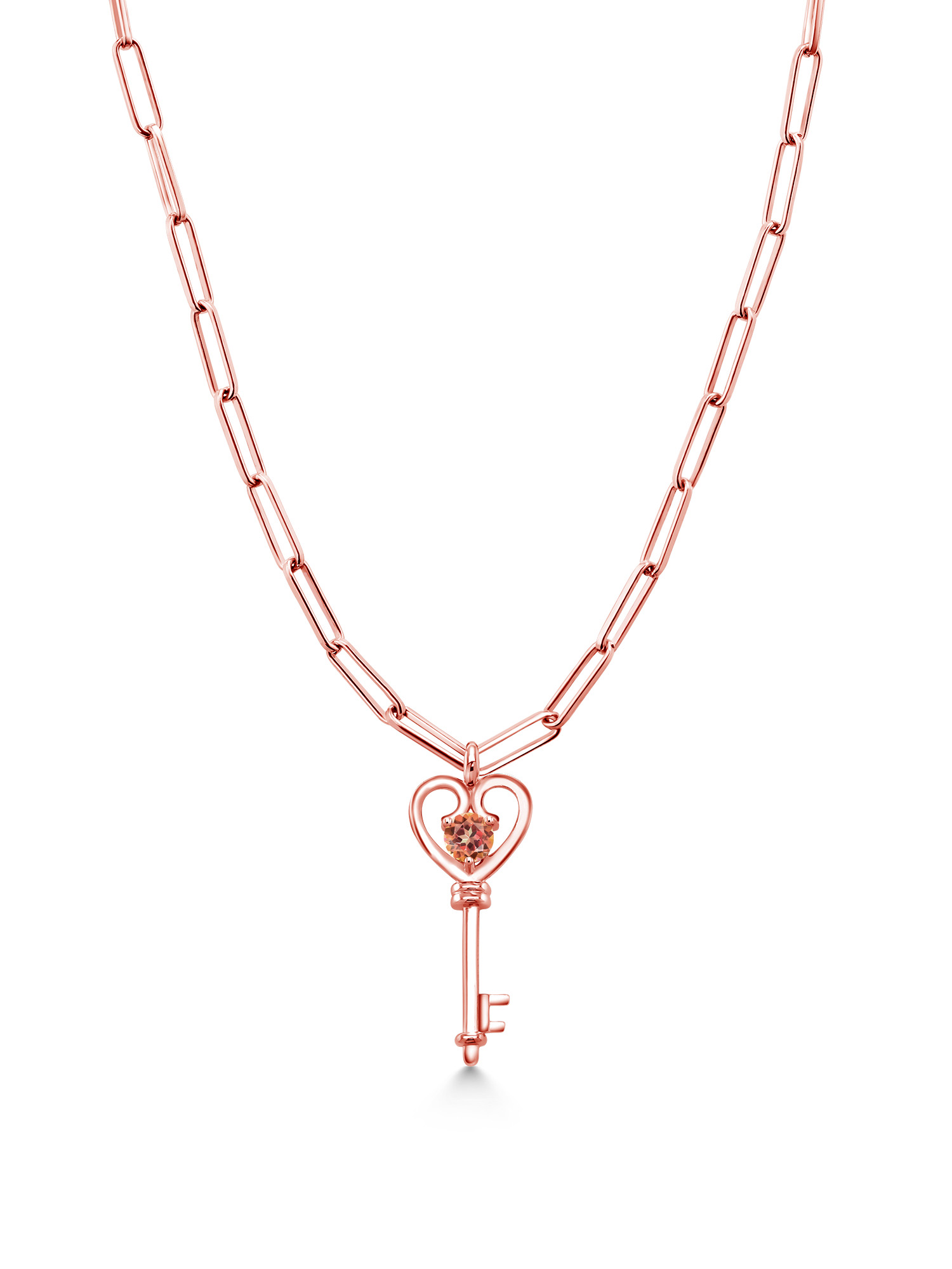 Gem Stone King 1.00 Ct Round Ecstasy Mystic Topaz 18K Rose Gold Plated Silver Heart Key Pendant with 3.25mm Paperclip Link Chain 18 inch with 2 inch Extender