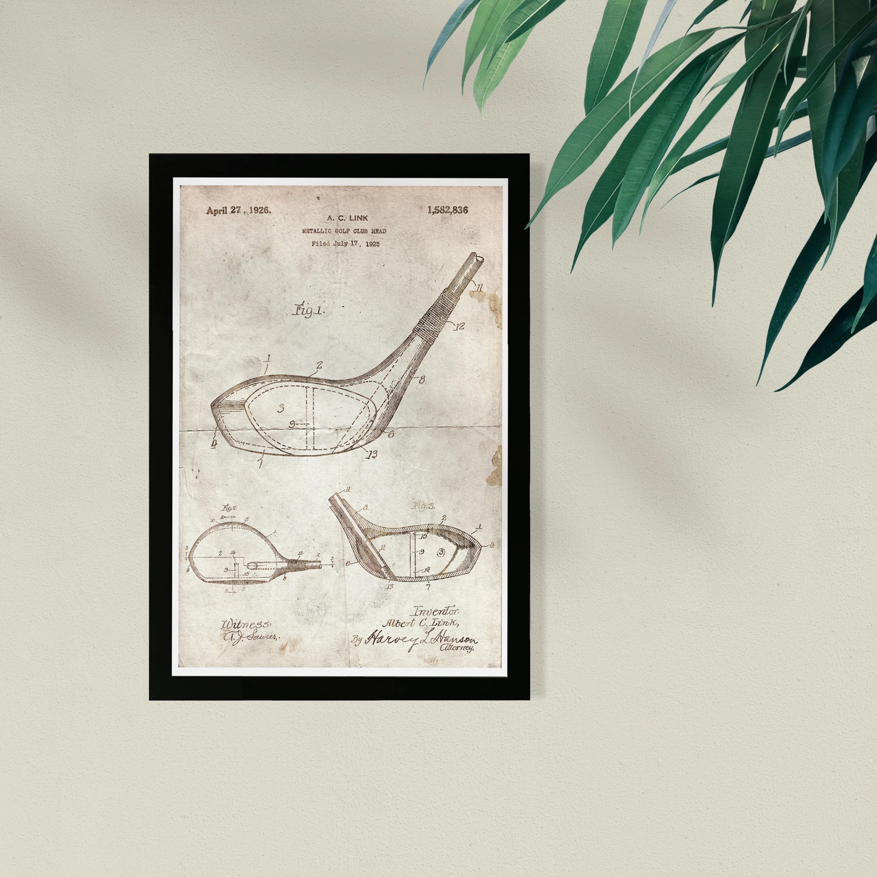 Wynwood Studio Sports and Teams Framed Wall Art Prints 'Metallic Golf Club Head 1926 Parchment' Golf Home Decor Brown, White, 13