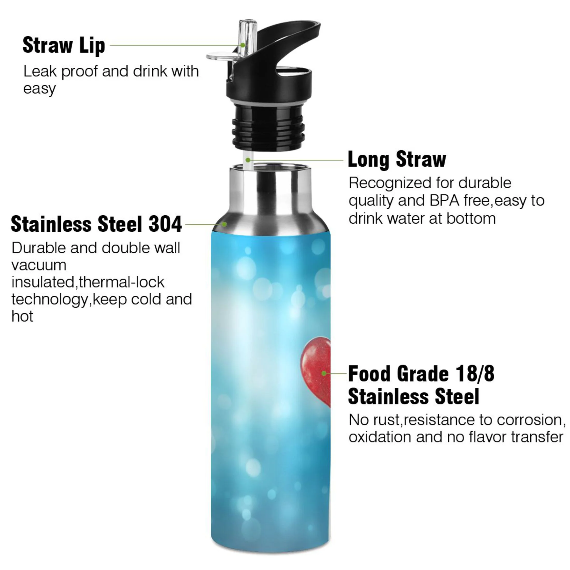 Blue with Heart Water Bottles Insulated Thermos Kids Stainless Steel Bottle with Straw Lid Flask Leakproof for Sports Gym 20 oz