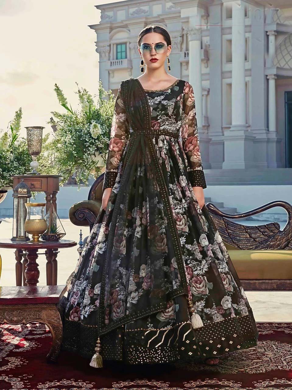 Black floral Printed Indian wedding Flared Long Anarkali Muslim Dress