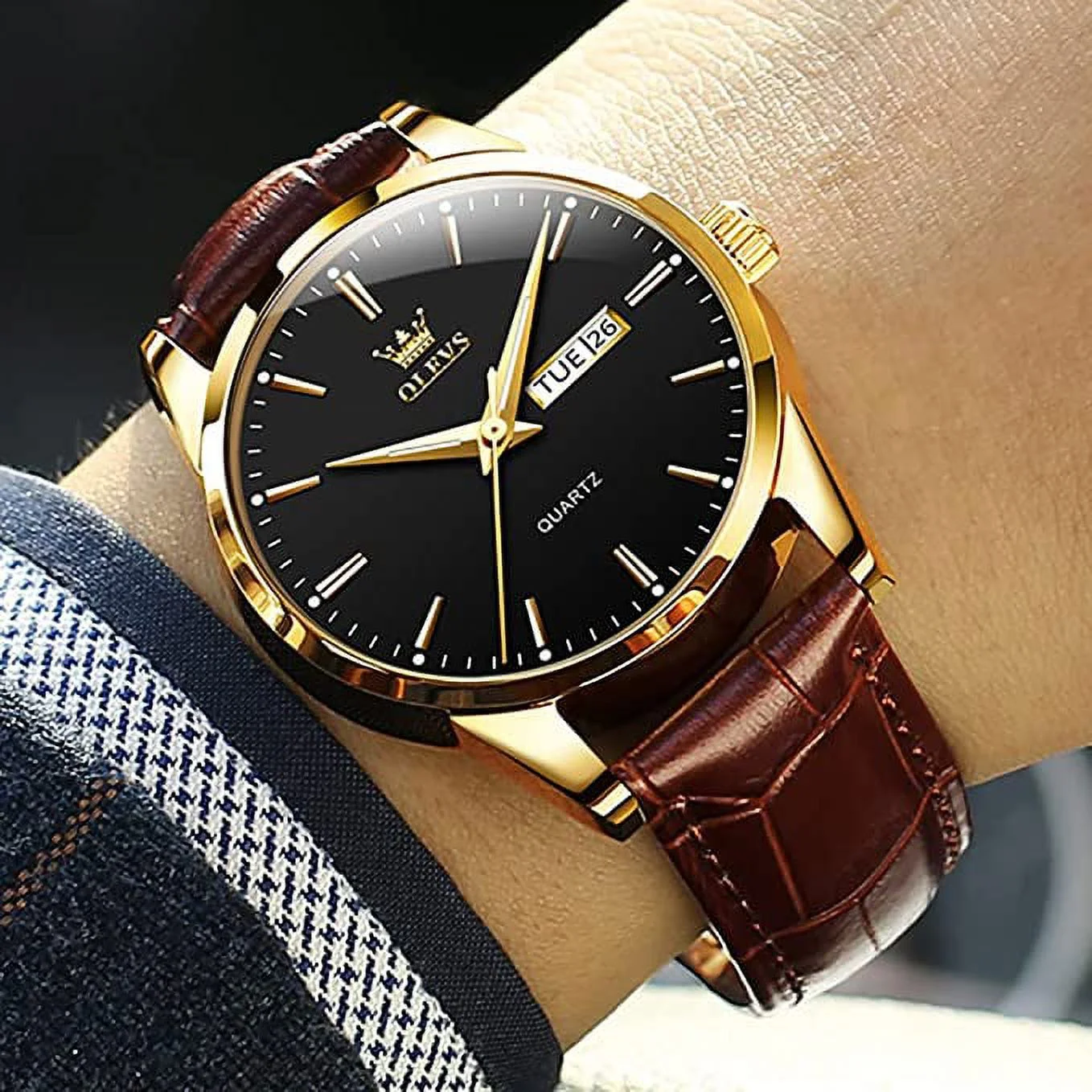 Men's Casual Analog Quartz Watch (Luxury Upgrade Version),Big Face Gold Watch for Men Brown/Black Leather Band,Men Luxury Luminous Waterproof Easy to Read Day Date Watch Blue/Black/White Dial