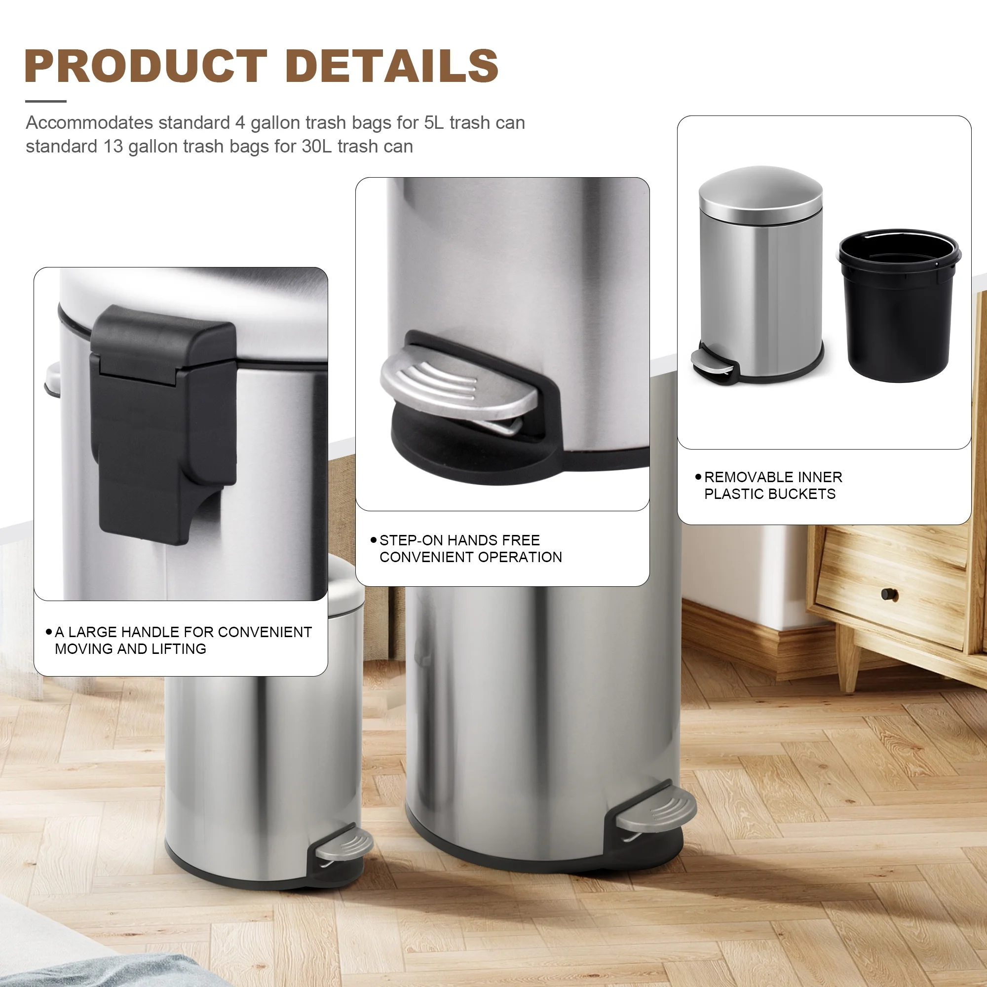 Innovaze 8 and 1.3 Gallon Trash Can Combo, Stainless Steel Step On Kitchen and Bathroom Trash Can, Round