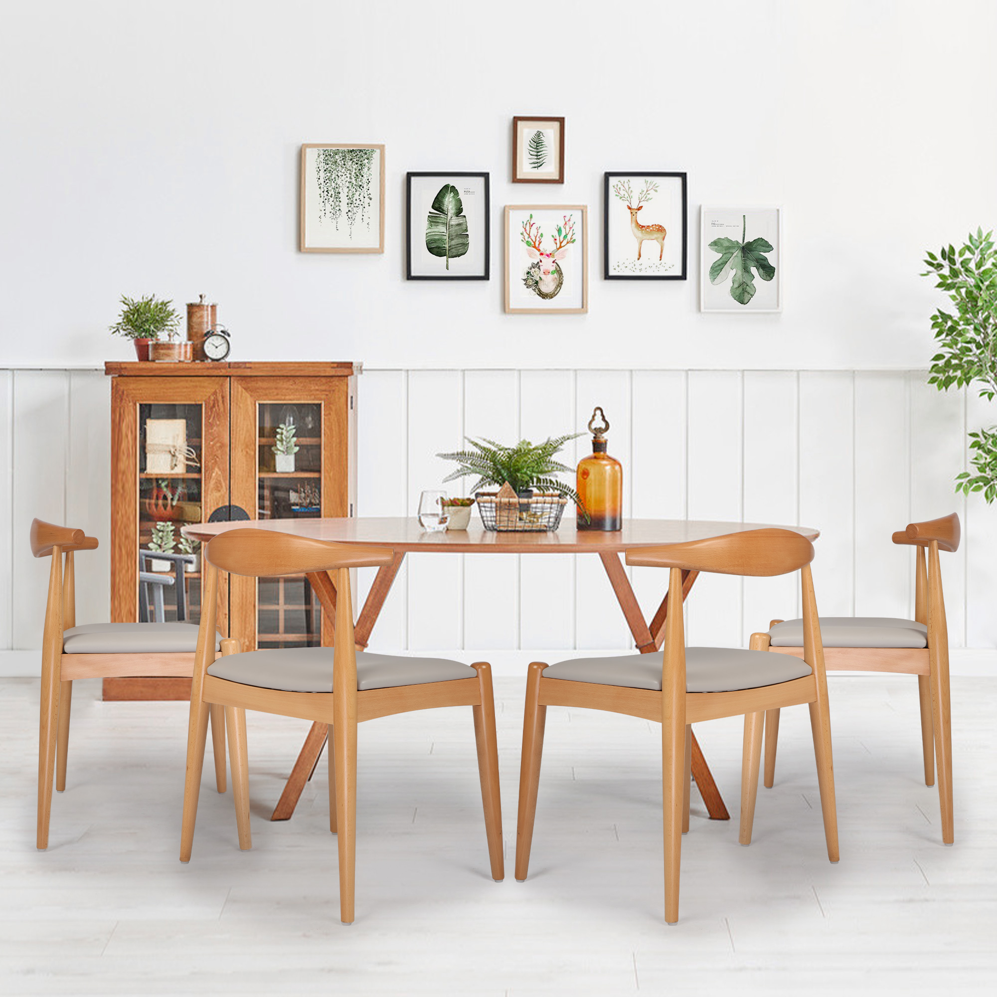 KARMAS PRODUCT 4 Pcs Assembled Mid-Century Dining Chair Armless Low-Back Side Chair with Faux Leather Seat,Beige/Oak