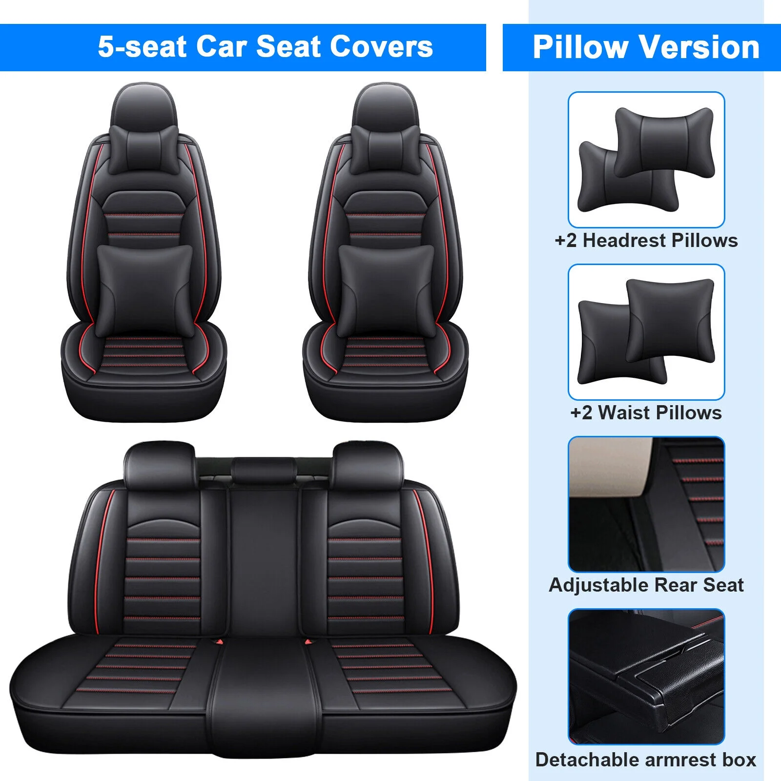 Car Seat Cover for Hyundai 5 Seats Full Set, PU Leather Automotive Cushion Protector with Pillow for Azera/ Elantra/ Tucson/ Equus/ Kona Black w/ Red Line