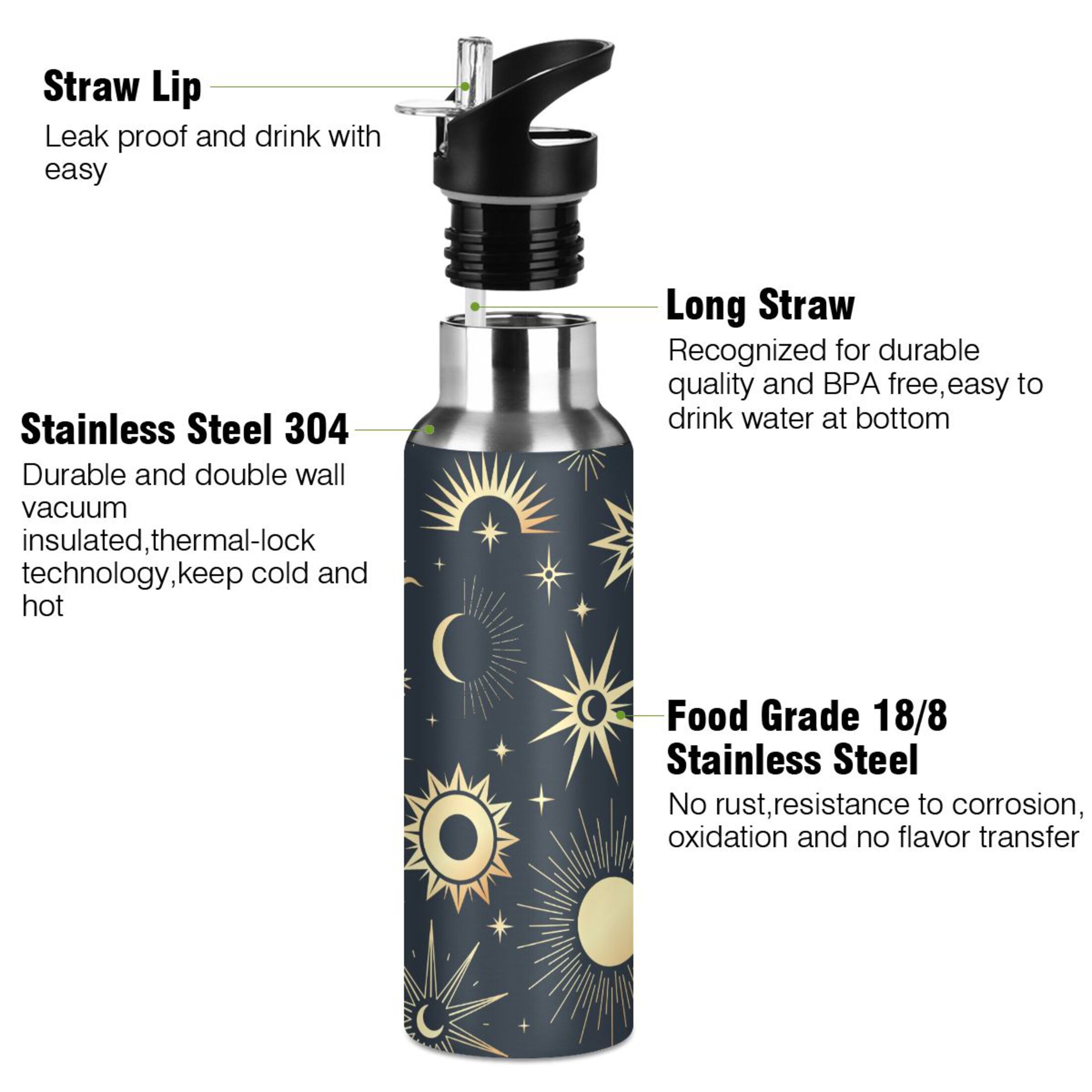 Water Bottle with Straw Lid Leak Gold Sun Moon Stars Mystical Stainless Steel Insulated Thermos Vacuum Flask for Cold Hot Drinking for Sports Camping Gym Yoga