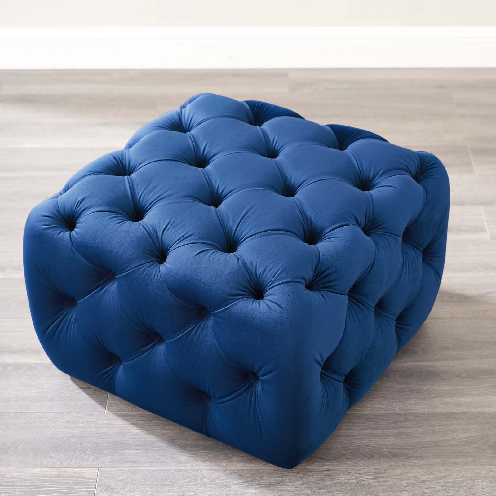 Tufted Accent Chair Ottoman, Square, Velvet, Blue Navy, Modern Contemporary Urban Design, Living Lounge Room Hotel Lobby Hospitality