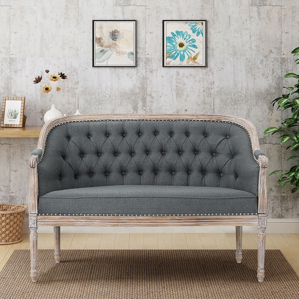 Christopher Knight Home Faye Tufted Upholstered Loveseat by  Foam Fill Fabric + Blue + Antique Birch, Fabric Nailheads N/A Polyester, Fabric