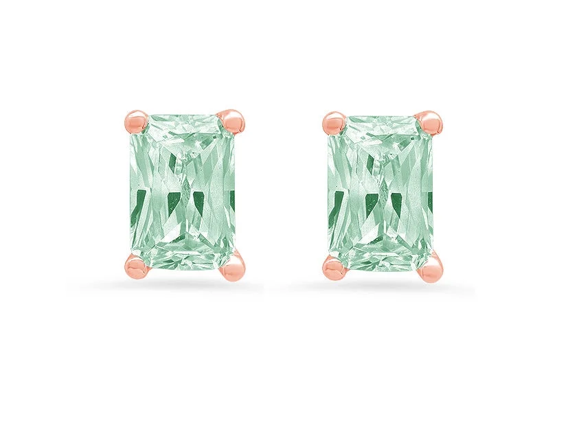 Clara Pucci 2.0 ct Brilliant Emerald Cut Solitaire Studs VVS1 Genuine Conflict free Green Simulated Diamond Real Stamped Solid 18K Pink Rose Gold Earrings Push back