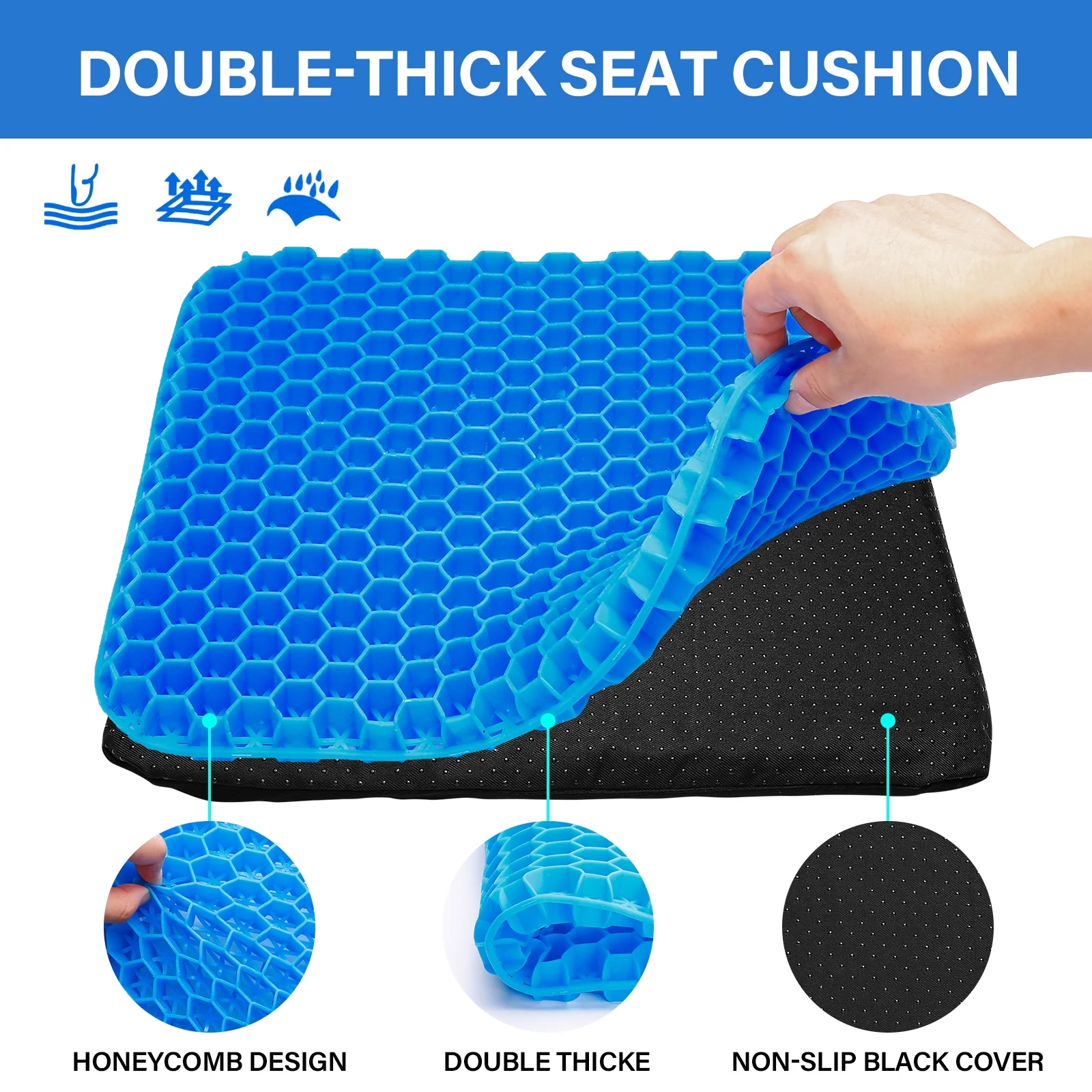 Bilbear Gel Kayak Seat Cushion with Washable Non-Slip Cover,Waterproof Double Thicken Layer,Breathable Honeycomb Design Gel Seat Cushion,14.9inch*12.9inch*1.1inch