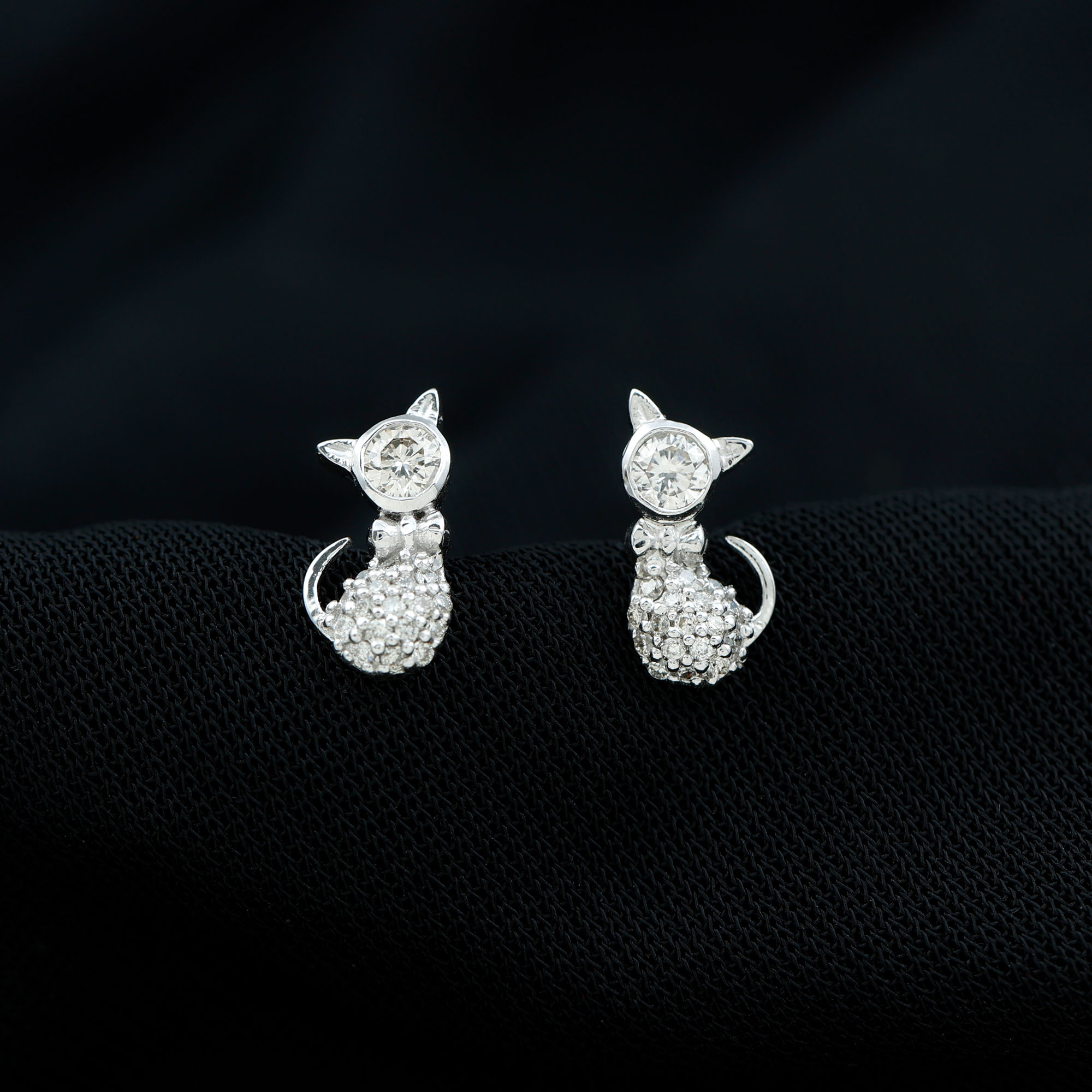 Cute Cat Stud Earrings - Certified Diamond Earrings for Women - HI-SI Grade, 18K White Gold
