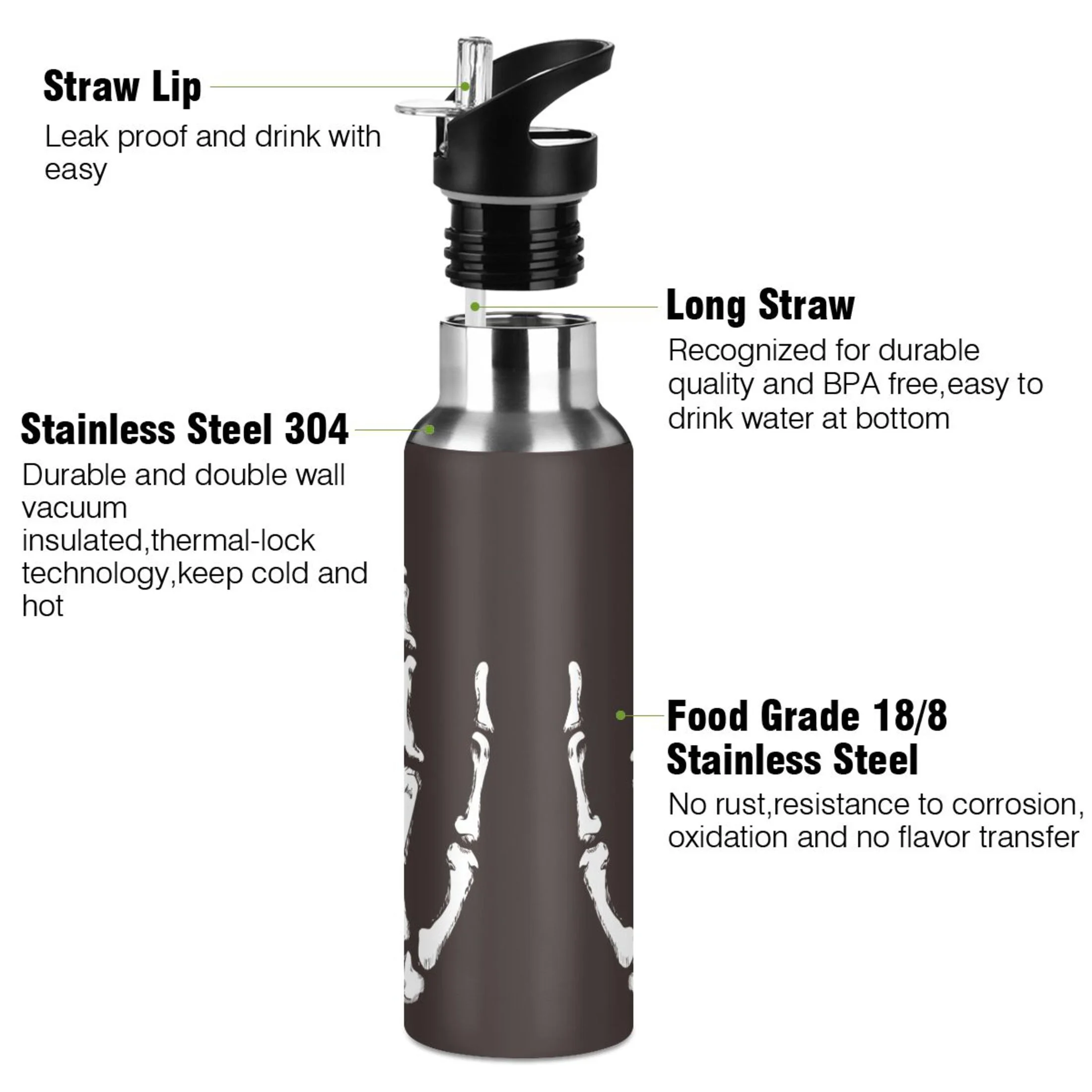Stainless Steel Water Bottle Funny Skull Skeleton Hand Black with Straw Lid Vacuum Insulated Leak Proof Flask Jug for Gym Travel Sports Cycling Outdoor 20 OZ