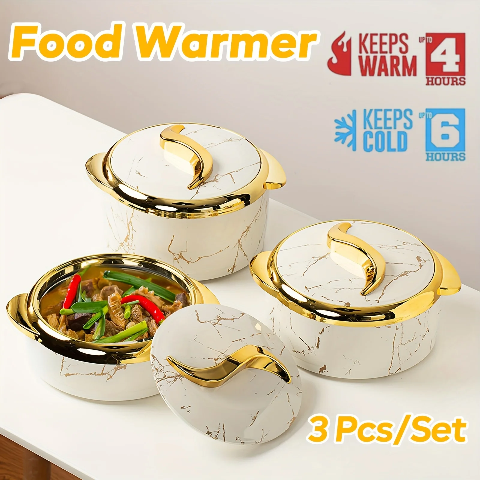 3pcs, Golden Touch Food Warmer, Thermal Casserole Dish Set With Lids, Insulated Stainless Steel Container For Hot & Cold Food, Hot Pot Sets Food Warmer, Hot Pot Food Warmer Set,For Office
