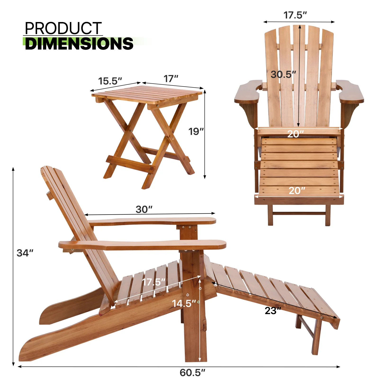 Magshion Set of 3 Adirondack Chair with Folding Side Table, Reclining Lounge Chairs with Retractable Footrest, Weather Resistant Outdoor Fire Pit Chairs, Teak