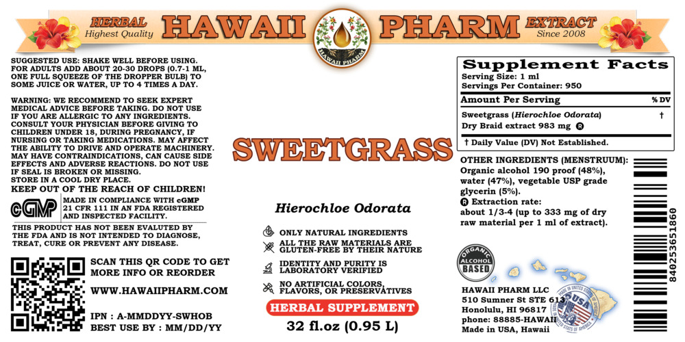 Sweetgrass (Hierochloe Odorata) Dry Braid Liquid Extract Tincture. Expertly Extracted by Trusted HawaiiPharm Brand. Absolutely Natural. Proudly made in USA. Tincture 32 Fl.Oz