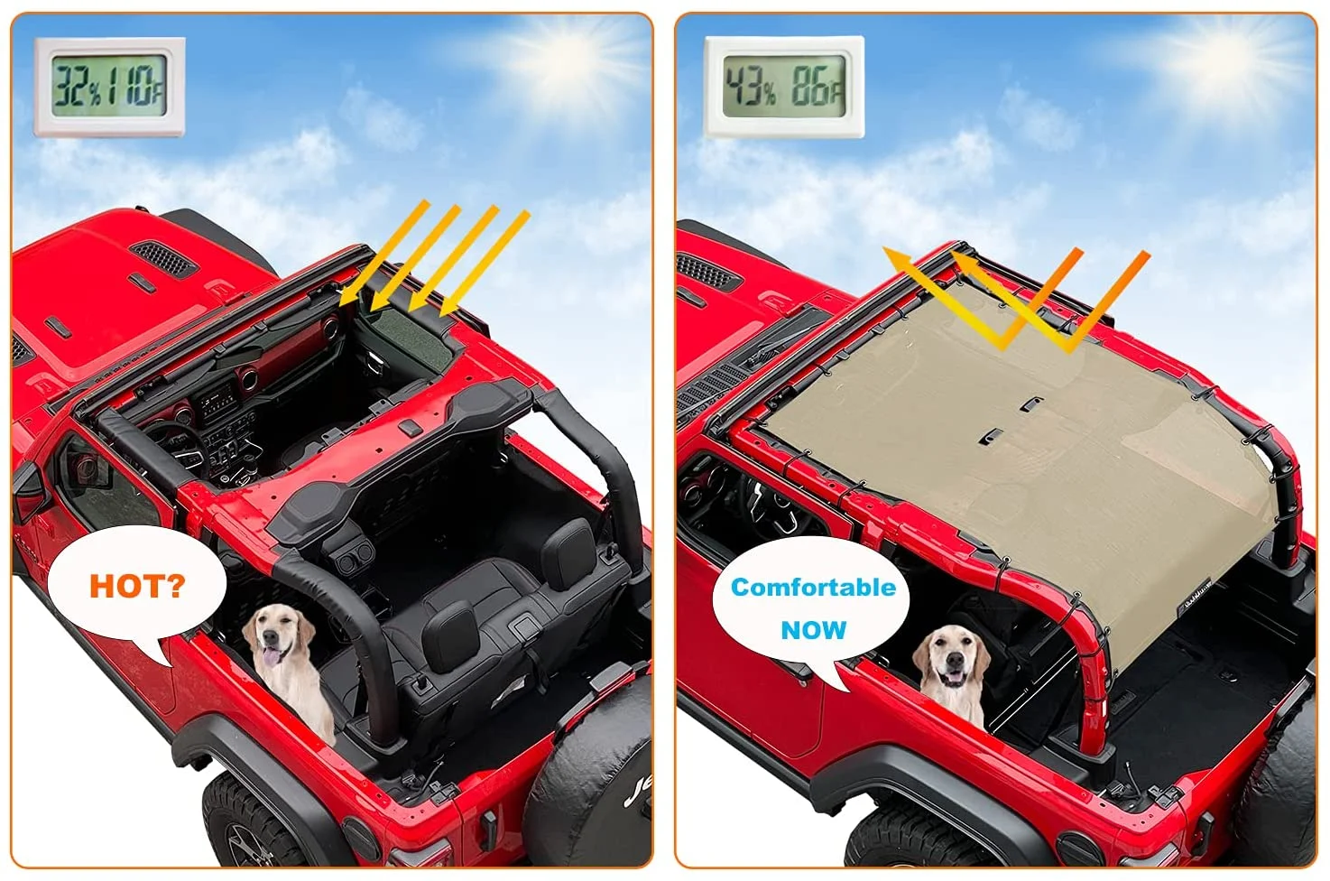 Shadeidea Jeep Wrangler Sunshade JL 2 Door (2018-Current) Sun Shade Front and Rear Trunk - Tan Mesh Screen Top Cover UV Blocker with Grab Bag - 10 Years Warranty