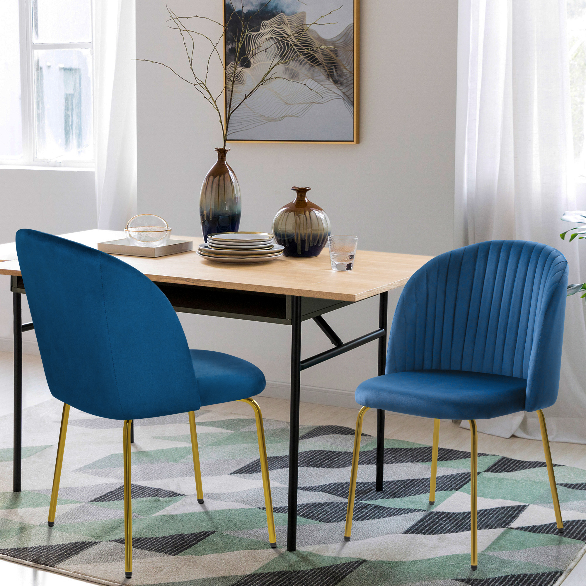 WELLET Velvet Dining Chairs, Mid Century Modern Gold Legged, Set of 2, Blue