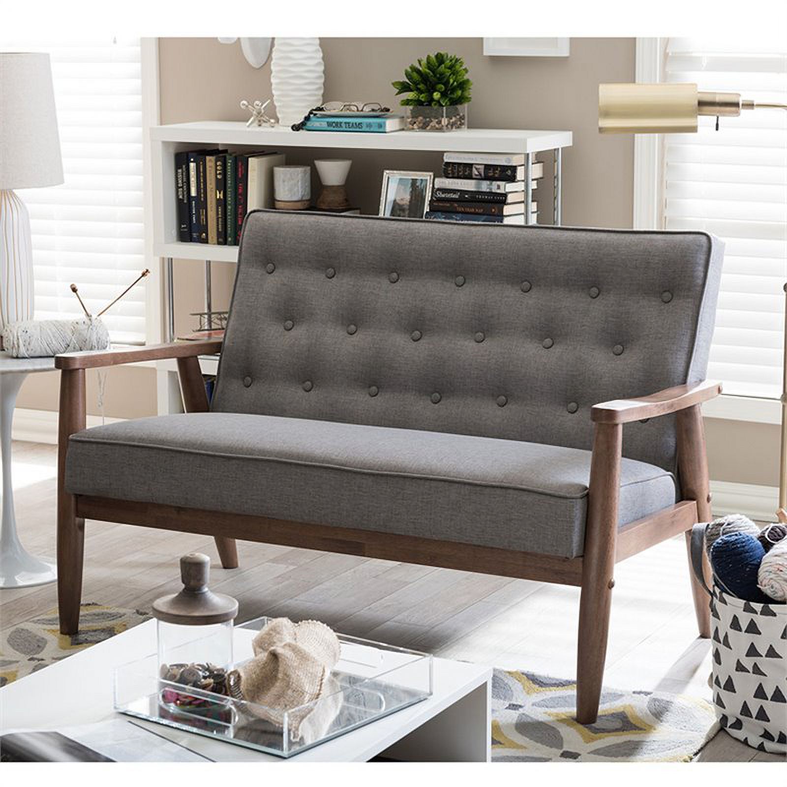 Pemberly Row Faux Leather Tufted Loveseat in Gray and Walnut