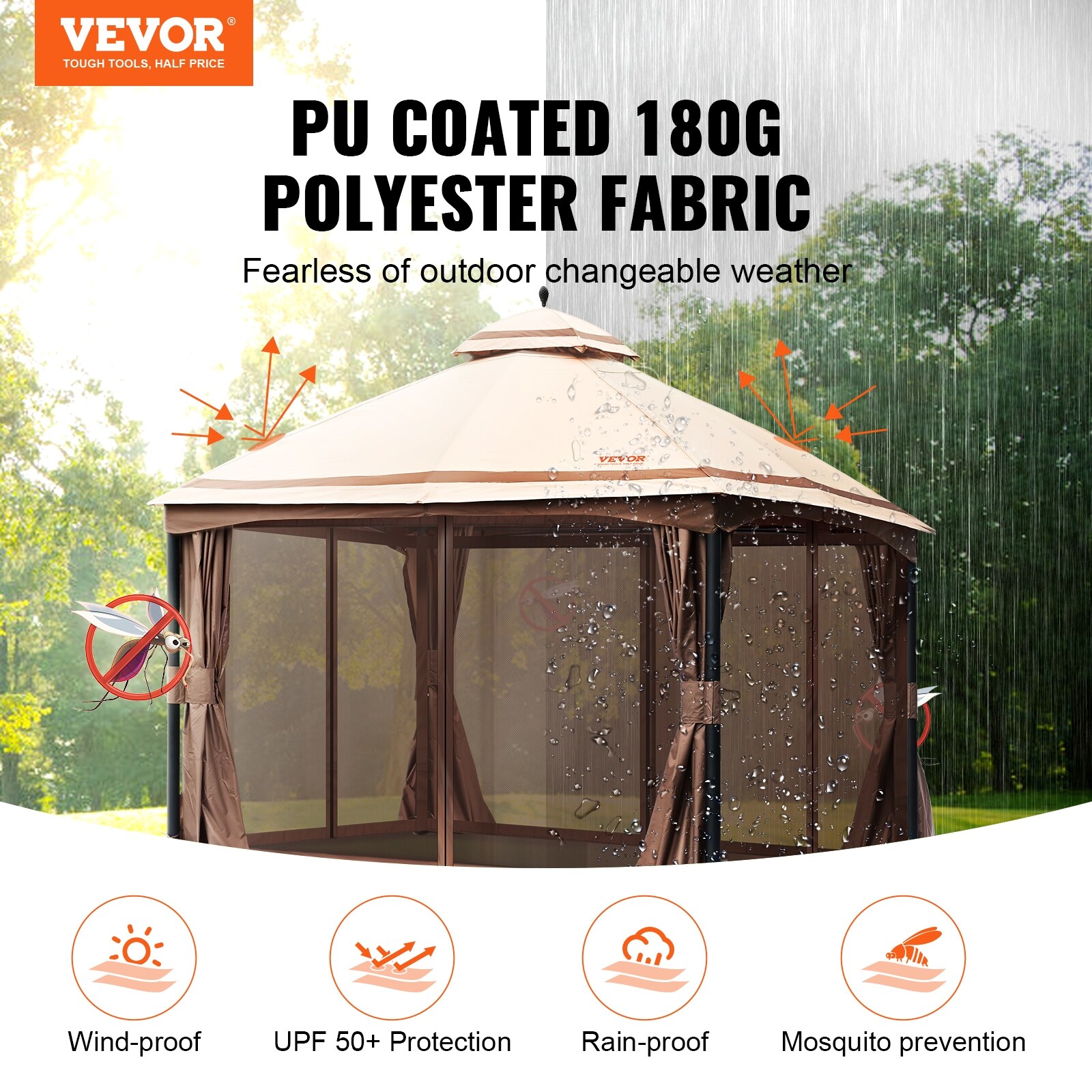 VEVOR PU Coated 180G Polyester 10x10/10x13ft Backyard Patio Gazebo with Mosquito Net, Metal Frame for Backyard Lawn Garden Deck 10x13ft