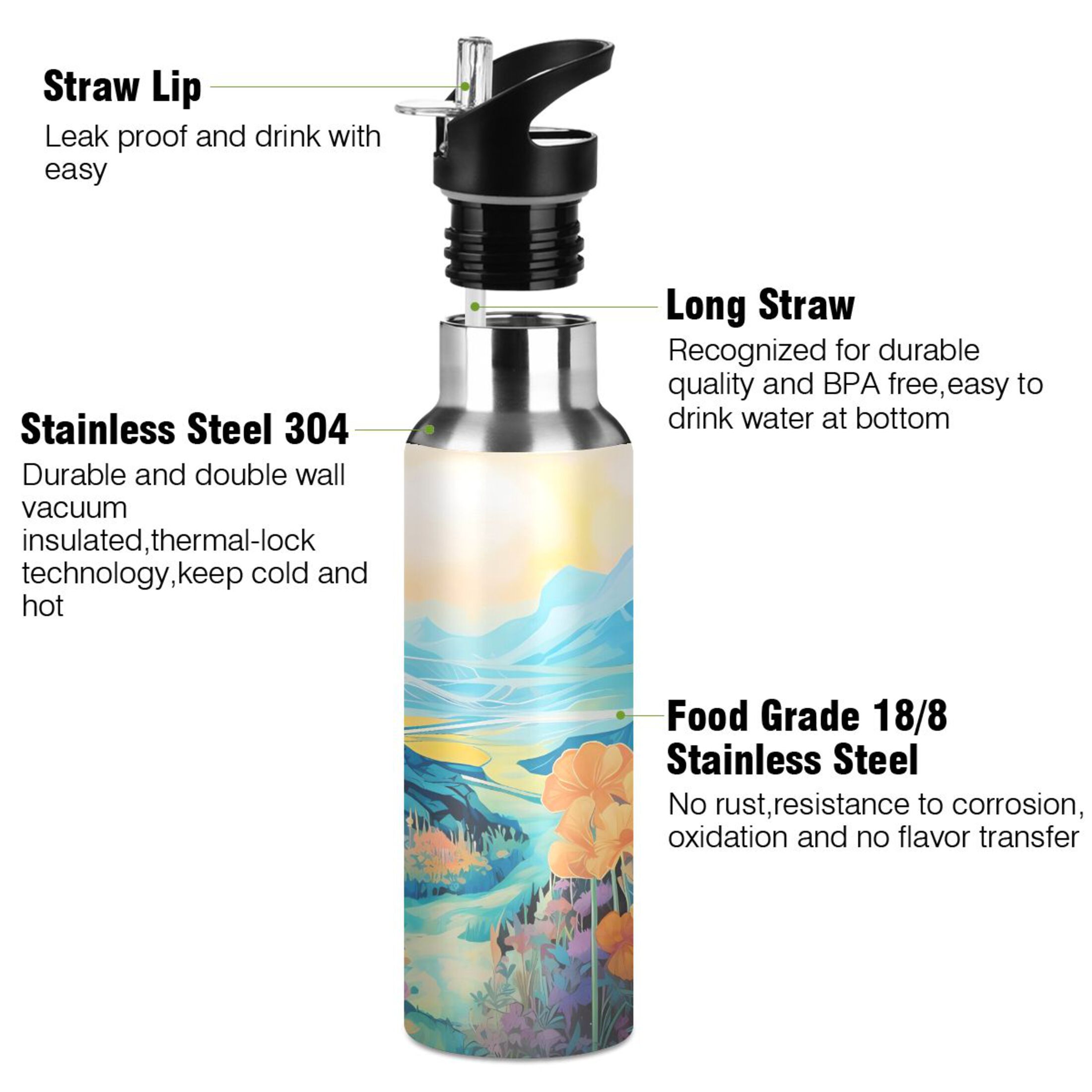 Water Bottle with Straw Lid Leak Mountains in Blue and Flowers Stainless Steel Insulated Thermos Vacuum Flask for Cold Hot Drinking for Sports Camping Gym Yoga