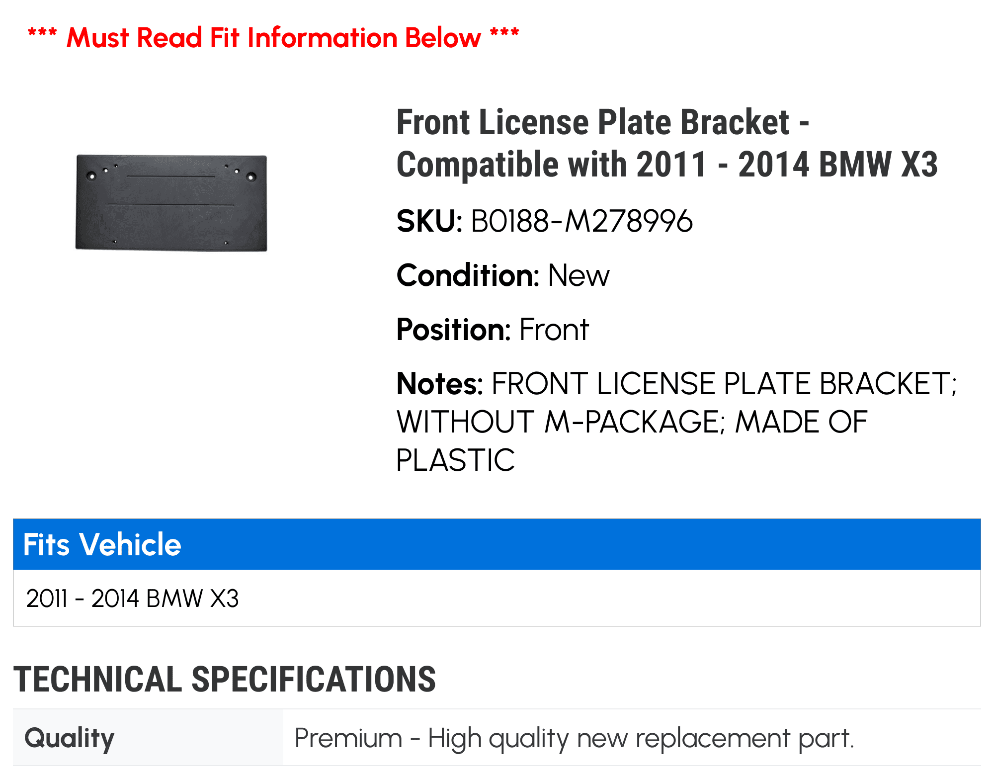 Front License Plate Bracket - Compatible with 2011 - 2014 BMW X3 2012 2013