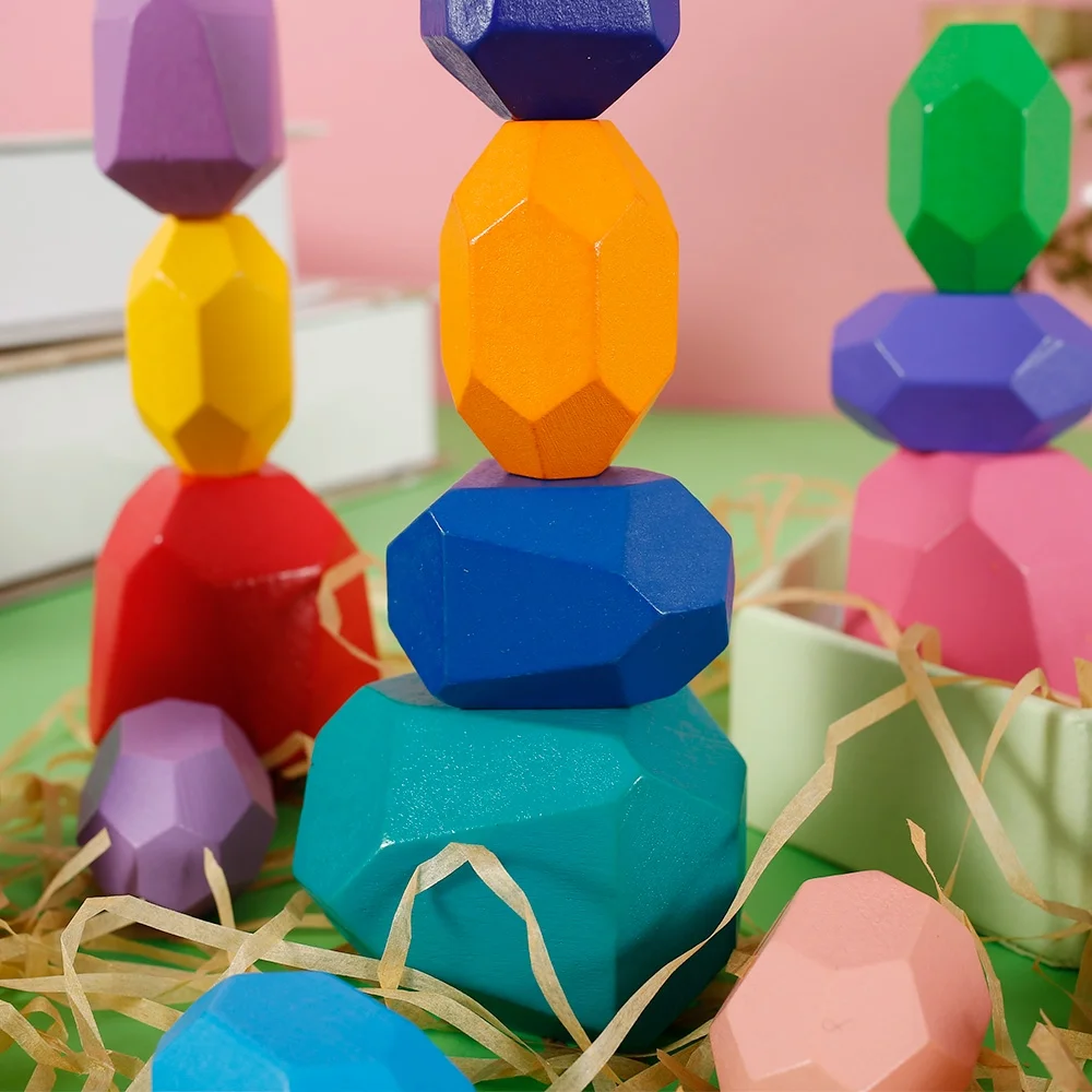HOTBEST Wooden Building Blocks Set, Children Wooden Colored Balancing Stones Creative Wooden Building Blocks Stacking Game Balance Classification Educational Toys