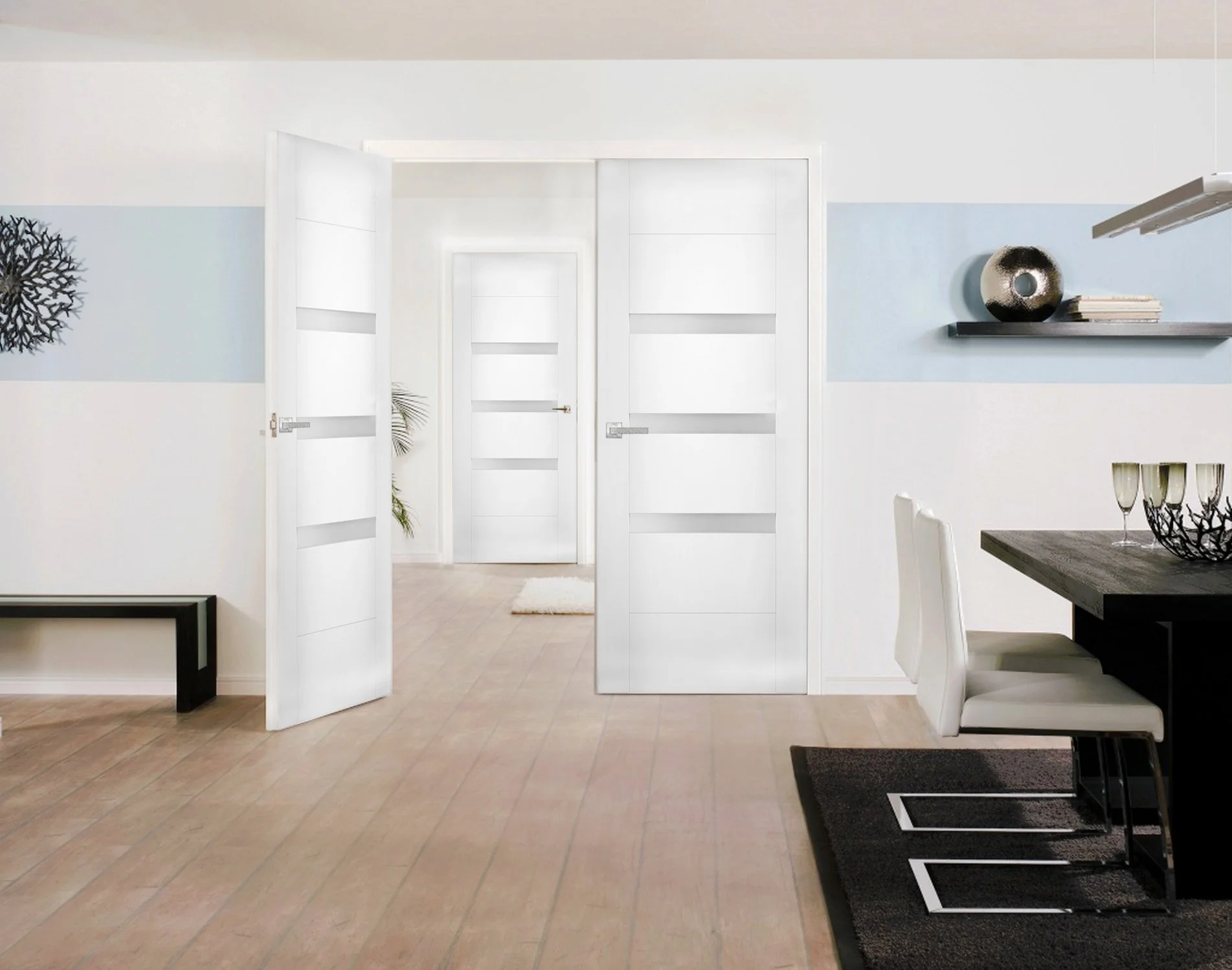 Solid French Double Doors 48 x 80 inches Opaque Glass / Sete 6900 White Silk / Wood Solid Panel Frame / Closet Bedroom Modern Doors