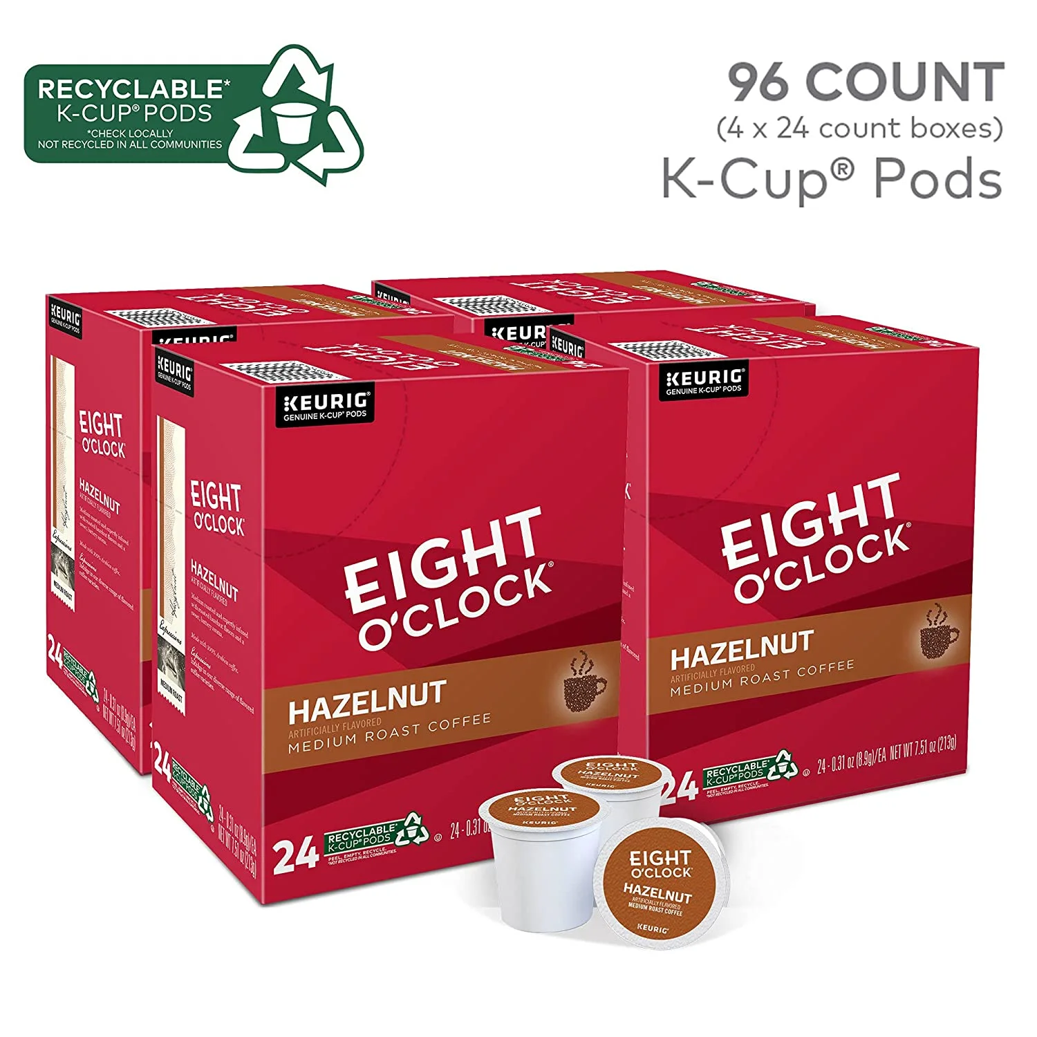 Eight O'Clock Coffee Hazelnut Single-Serve Keurig K-Cup Pods, Medium Roast Coffee Pods, 96 Count