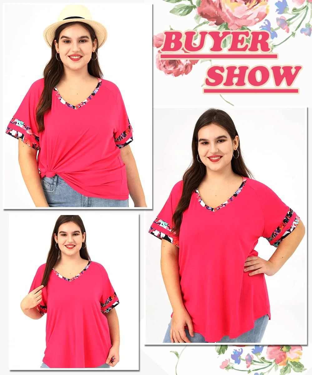 TIYOMI Plus Size Tops For Women V-neck/Crewneck Trims Short Sleeve Raglan Casual Blouses Color Block Shirts Floral/Leopard/Camo/Tie Dye/Star/Stripe (XL-5XL)