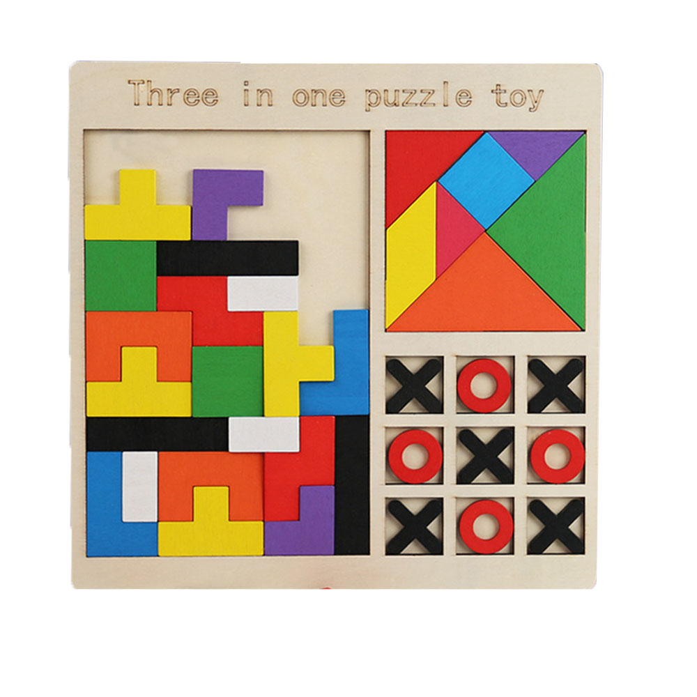 Wooden Blocks Puzzle Brain Teasers Toy for Kids, Tic Tac Toe Board Game Toy XOXO Board Game Tangram Puzzle Toy