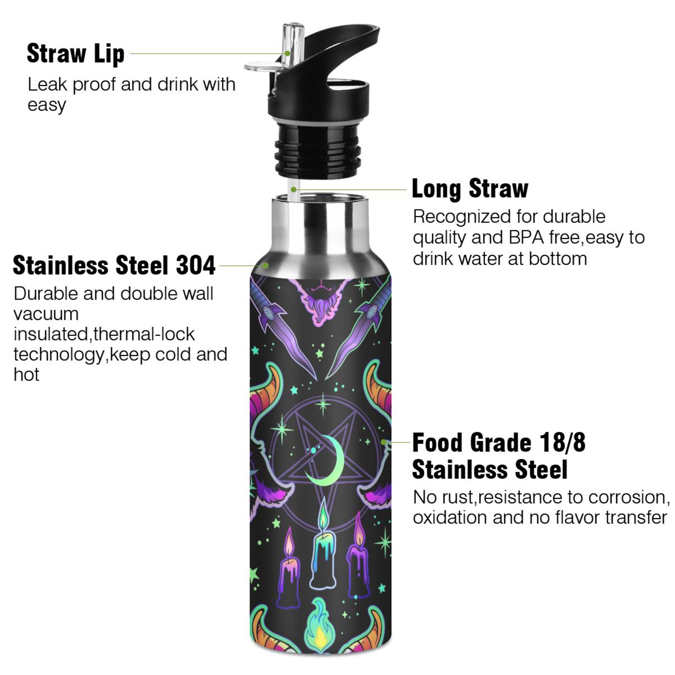 Cartoon Devil Magic Water Bottles Insulated Thermos Kids Stainless Steel Bottle with Straw Lid Flask Leakproof for Sports Gym 20 oz