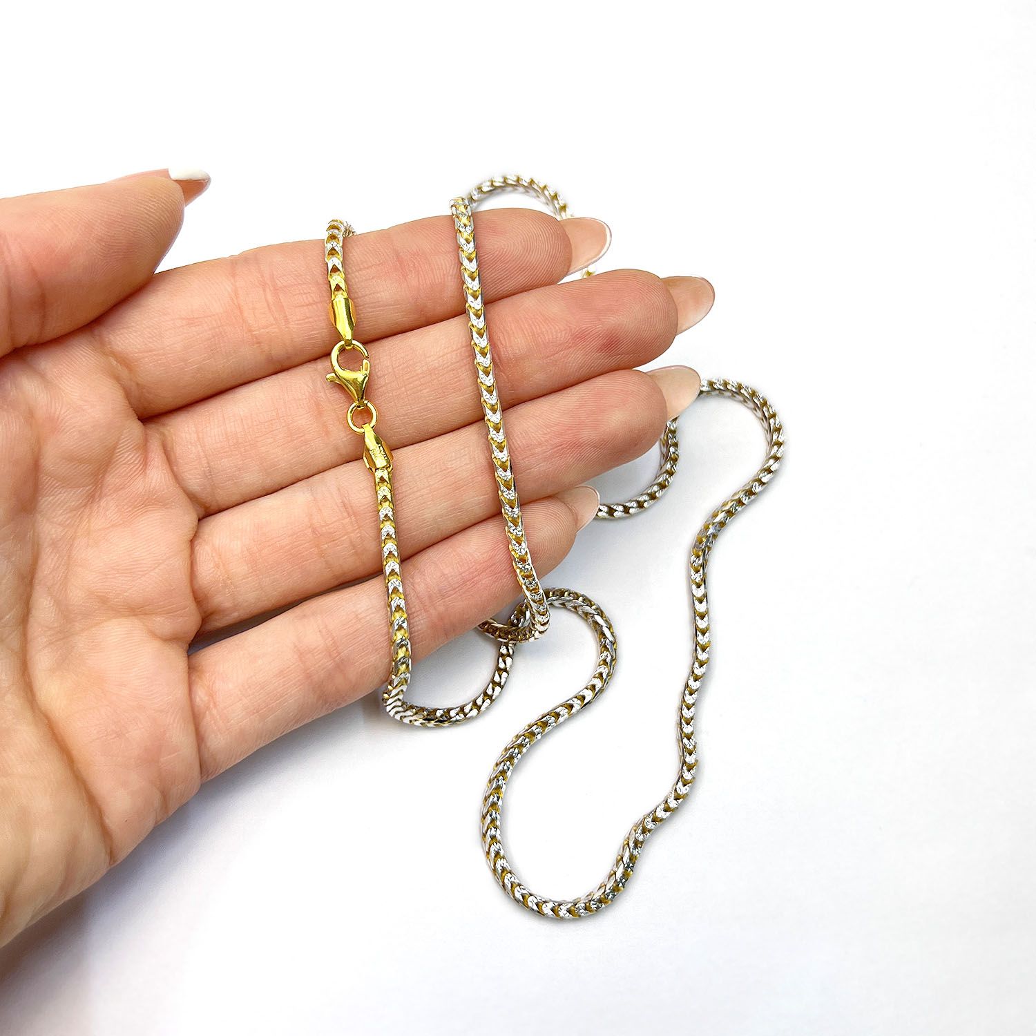 Solid 18K Yellow Gold Over Silver 2mm White Pave Franco Chain Necklace 18