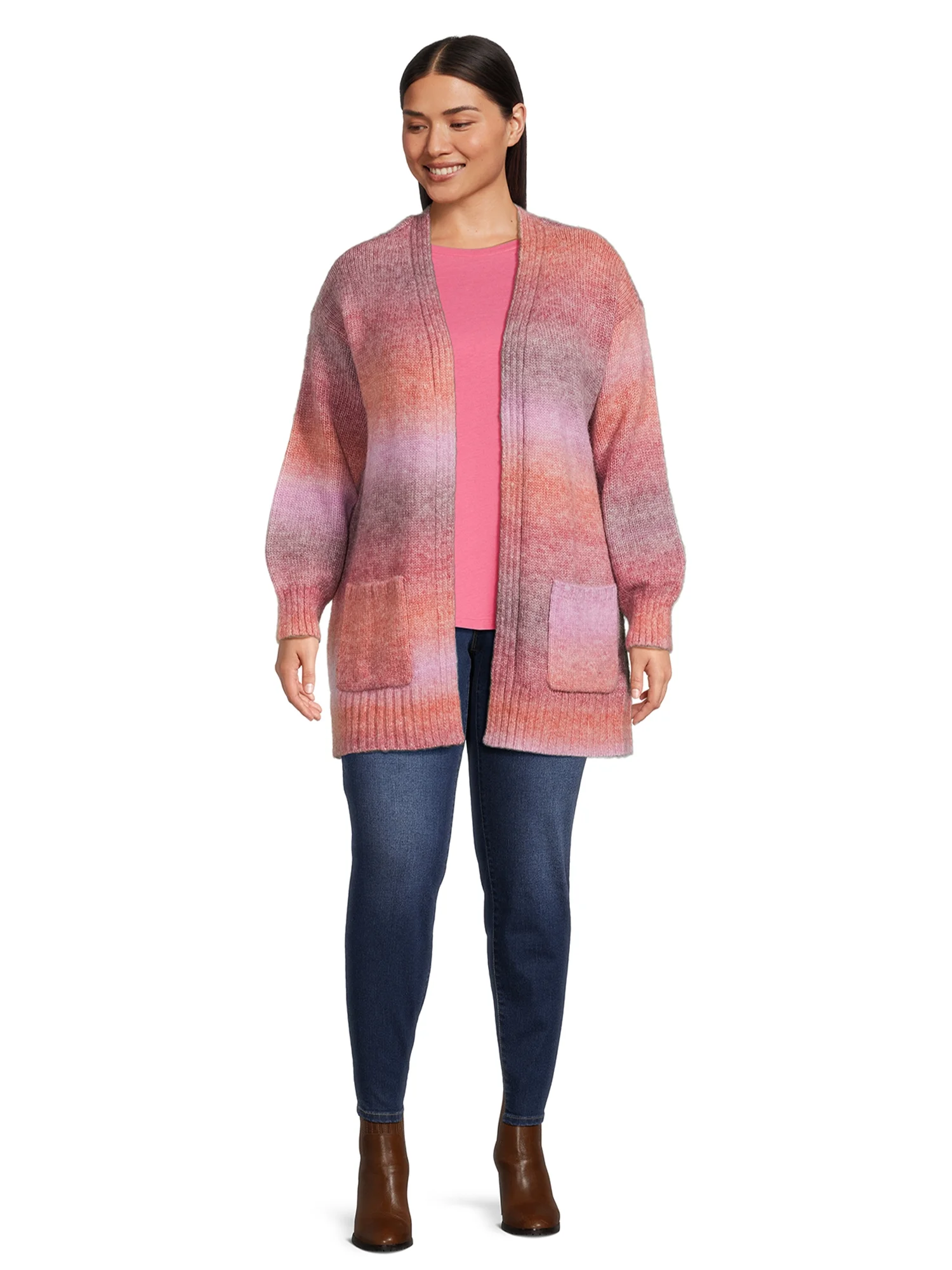 99 Jane Street Women's Plus Size Drop Shoulder Open Cardigan with Balloon Sleeves