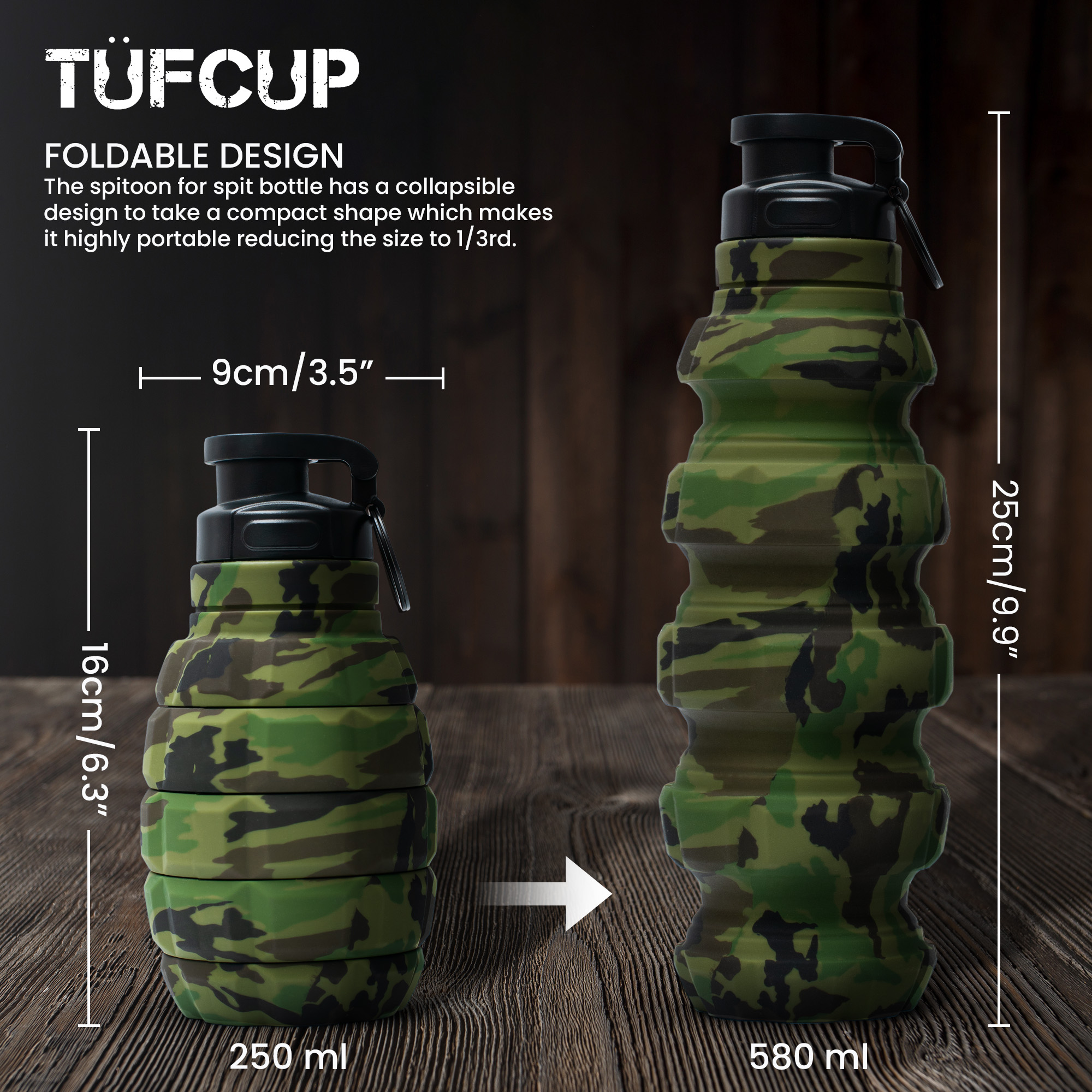 Tufcup Spit Cup Spittoon Bottle - Reusable Spit Dipping Cup with Lid - Collapsible Spill Resistant Leak Proof Silicone Body Travel Spitter(Green Camo)