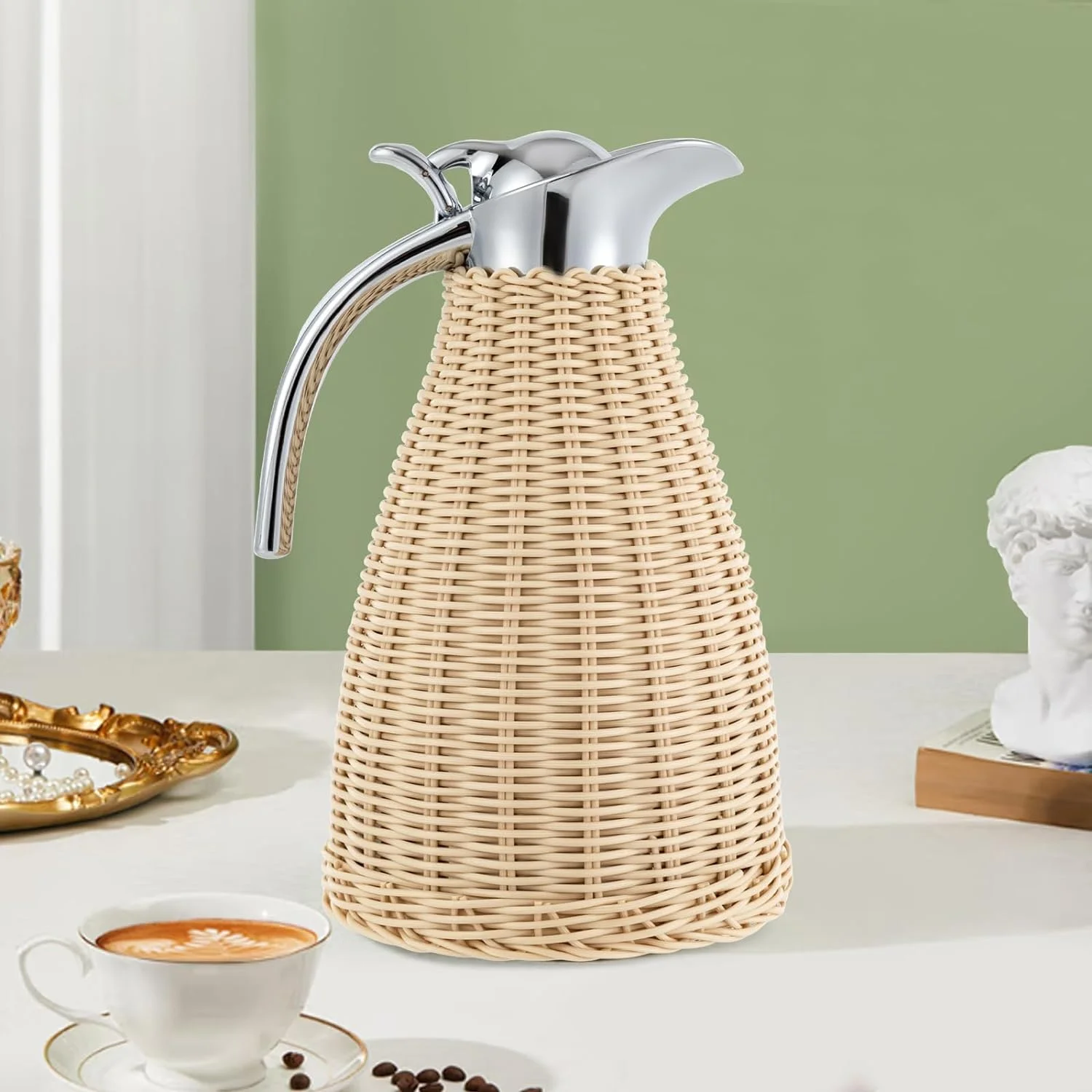 Stainless Steel Coffee Thermal Jug, Double Walled Vacuum Insualted Jug, Rattan Thermal Jug (Beige)