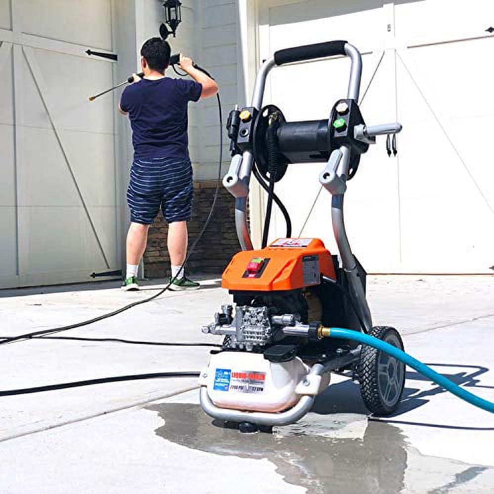 YARD FORCE YF2200LC, 1.2 GPM, 13 amp Water-Cooled Motor, 25' “Live” Hose Reel & Bonus Turbo Nozzle, 1 Gallon Soal Tank 2200 Psi Electric Pressure Washer, Orange/Black
