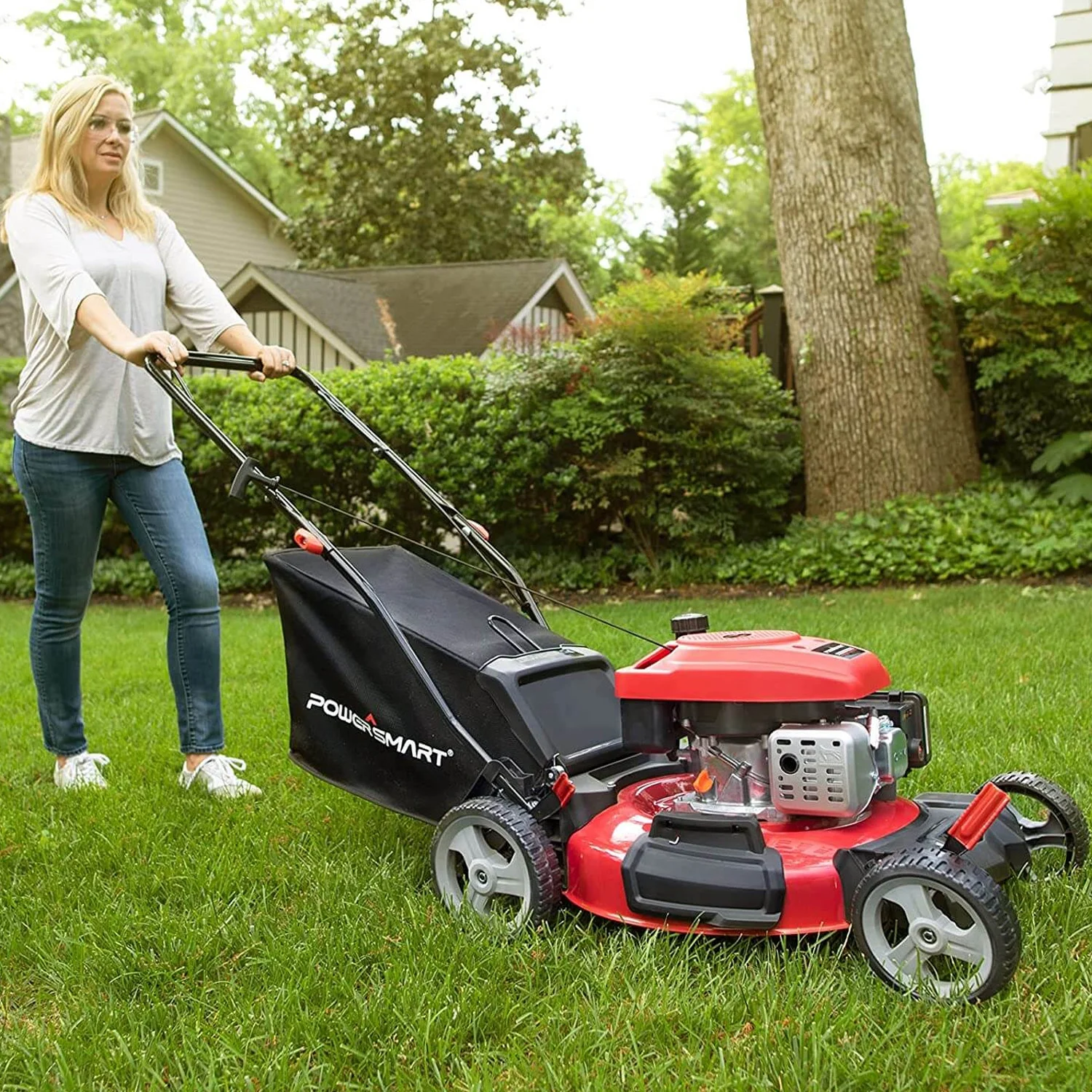 iYofe Gas Lawn Mower 21-Inch, 144cc Powerful Engine 3-in-1 Walk-Behind Lawn Mower with Rear Bag, 5 Adjustable Heights, Push Mower for Lawn Garden Backyard Park, Black/Red