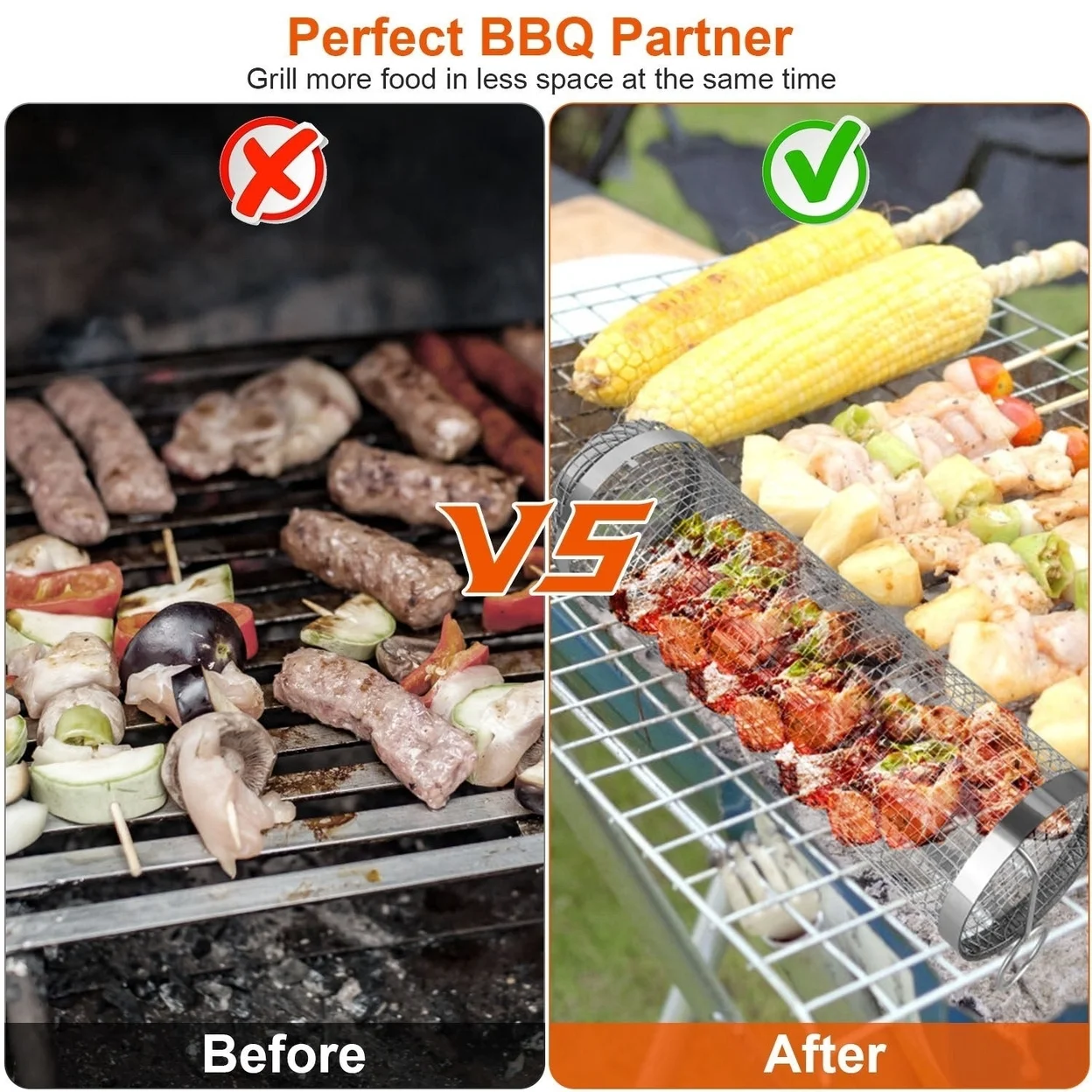 2Pcs Portable BBQ Rolling Basket Round Stainless Steel Grill Mesh Barbecue Net Tube with Removable Cover Outdoor Camping