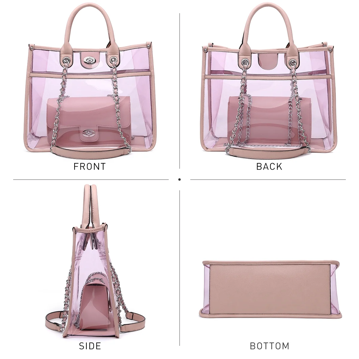 MKP Women Large Clear Tote PVC Purse Ladies Top Handle Shoulder Handbag Transparent Satchel 2 Pcs Bag Set