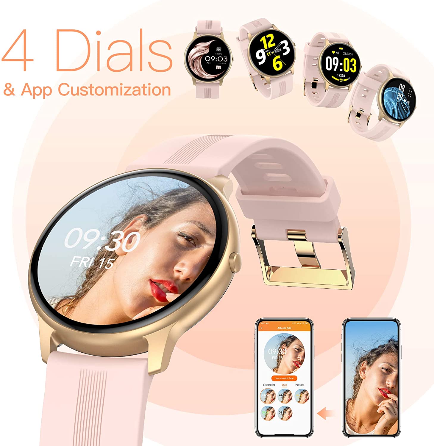 Timoom Smart Watch for Android iOS, 1.3'' Full Touch Fitness Tracker IP68 Waterproof Bluetooth Round Sports Smartwatch with Heart Rate Monitor Message Notification DIY Watch Face for Men Women