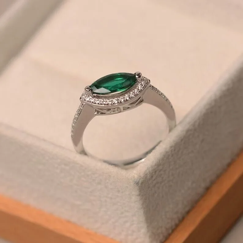 emerald ring, sterling silver, marquise cut ring, engagement ring, halo ring,