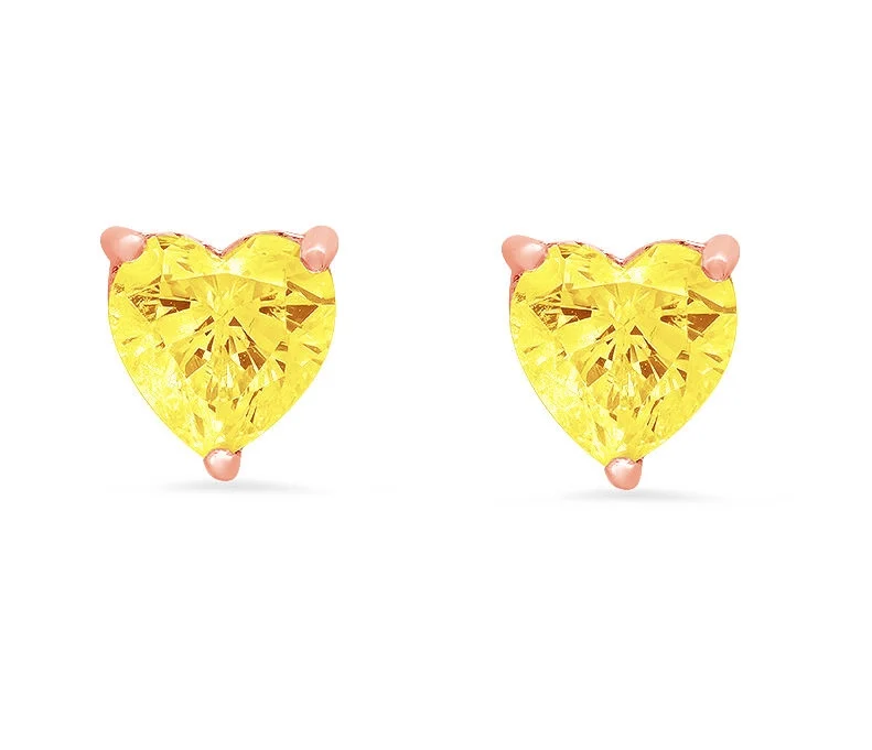 Clara Pucci 1.5 ct Brilliant Heart Cut Studs VVS1 Genuine Conflict free Yellow Simulated Diamond Real Stamped Solid 14K Pink Rose Gold Earrings Push back