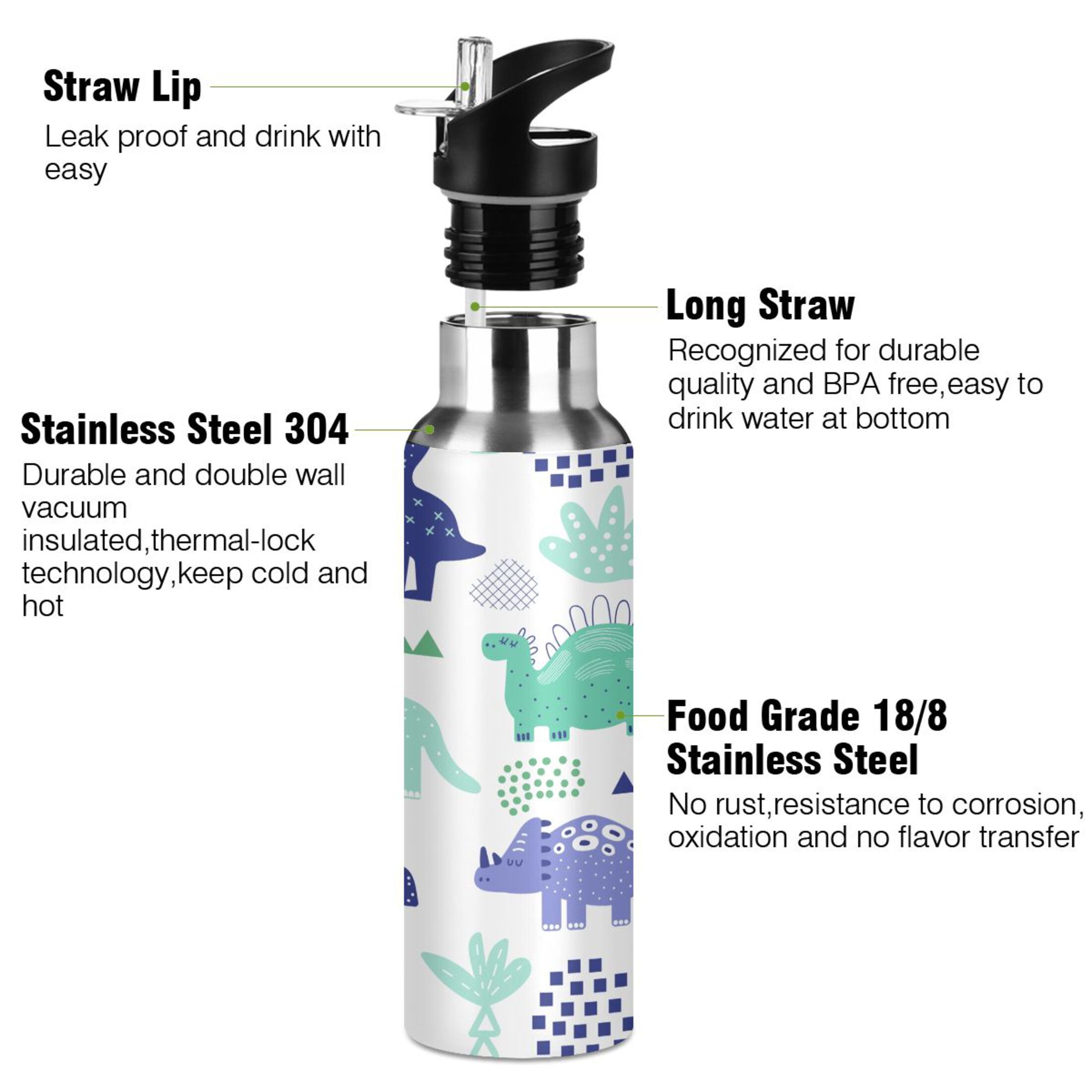 Stainless Steel Water Bottle Dinosaurs Creative with Straw Lid Vacuum Insulated Keeps Hot and Cold Leak Proof Flask Jug for Gym Travel Sports Cycling Outdoor 20 OZ