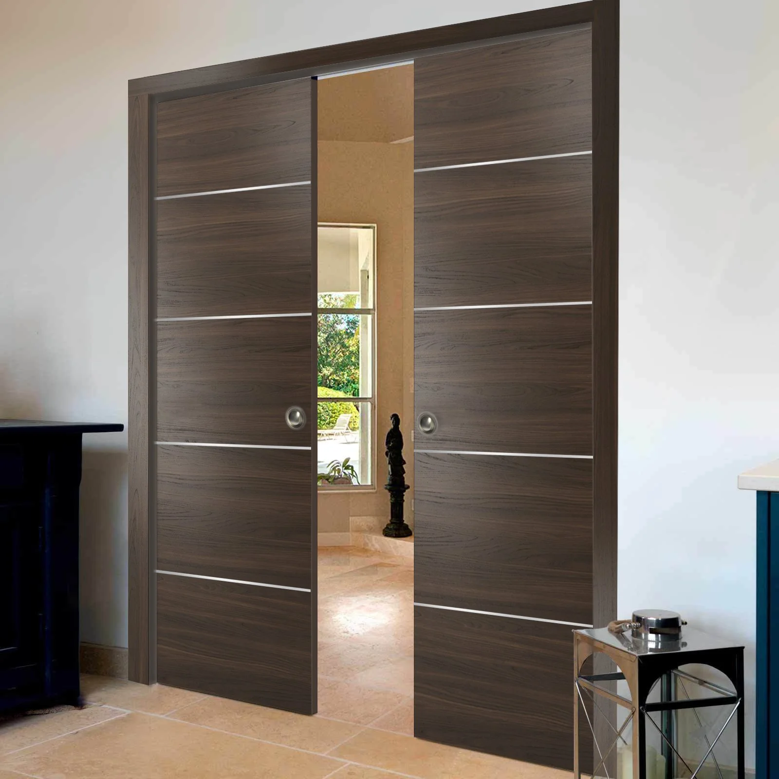 Double Pocket Sliding Brown Doors 48 x 80 with Strips