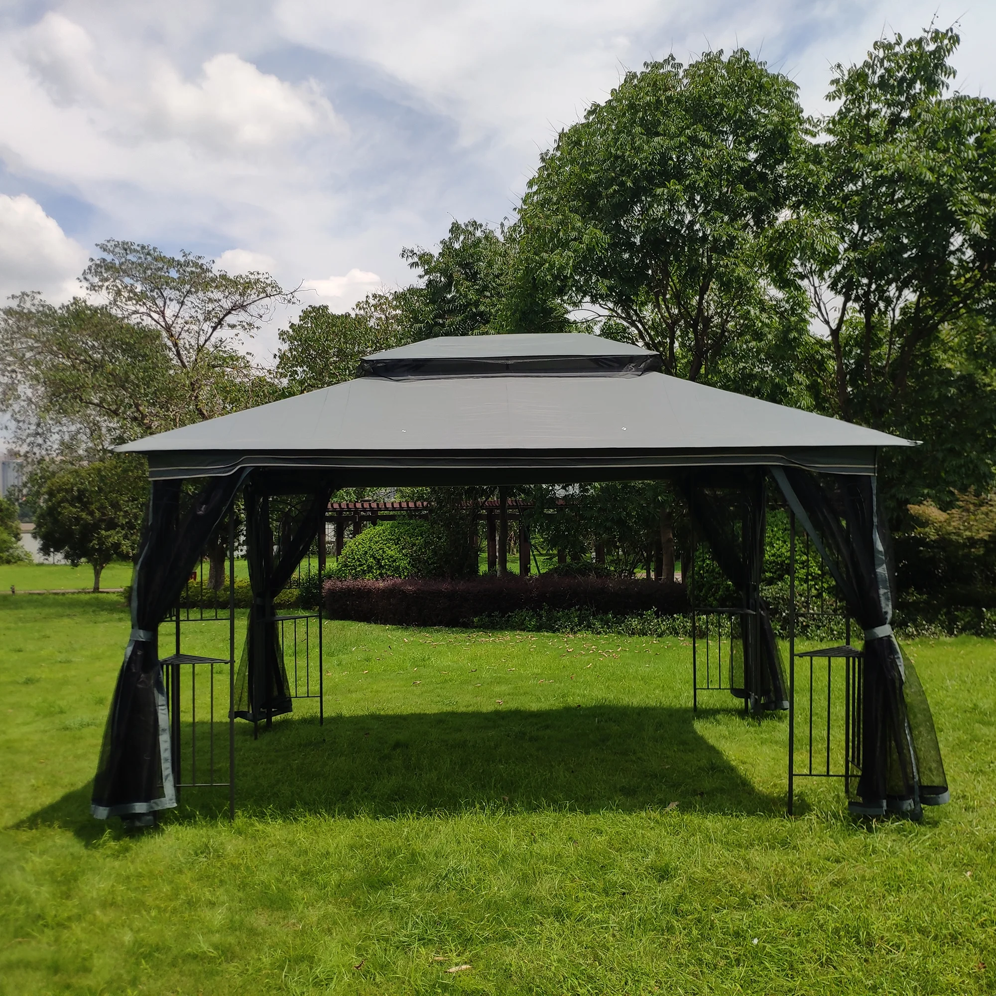 Dcenta 13x10 Outdoor Patio Gazebo Canopy Tent With Ventilated Double Roof And Mosquito net(Detachable Mesh Screen On All Sides),Suitable for Lawn, Garden, Backyard and Deck,Gray