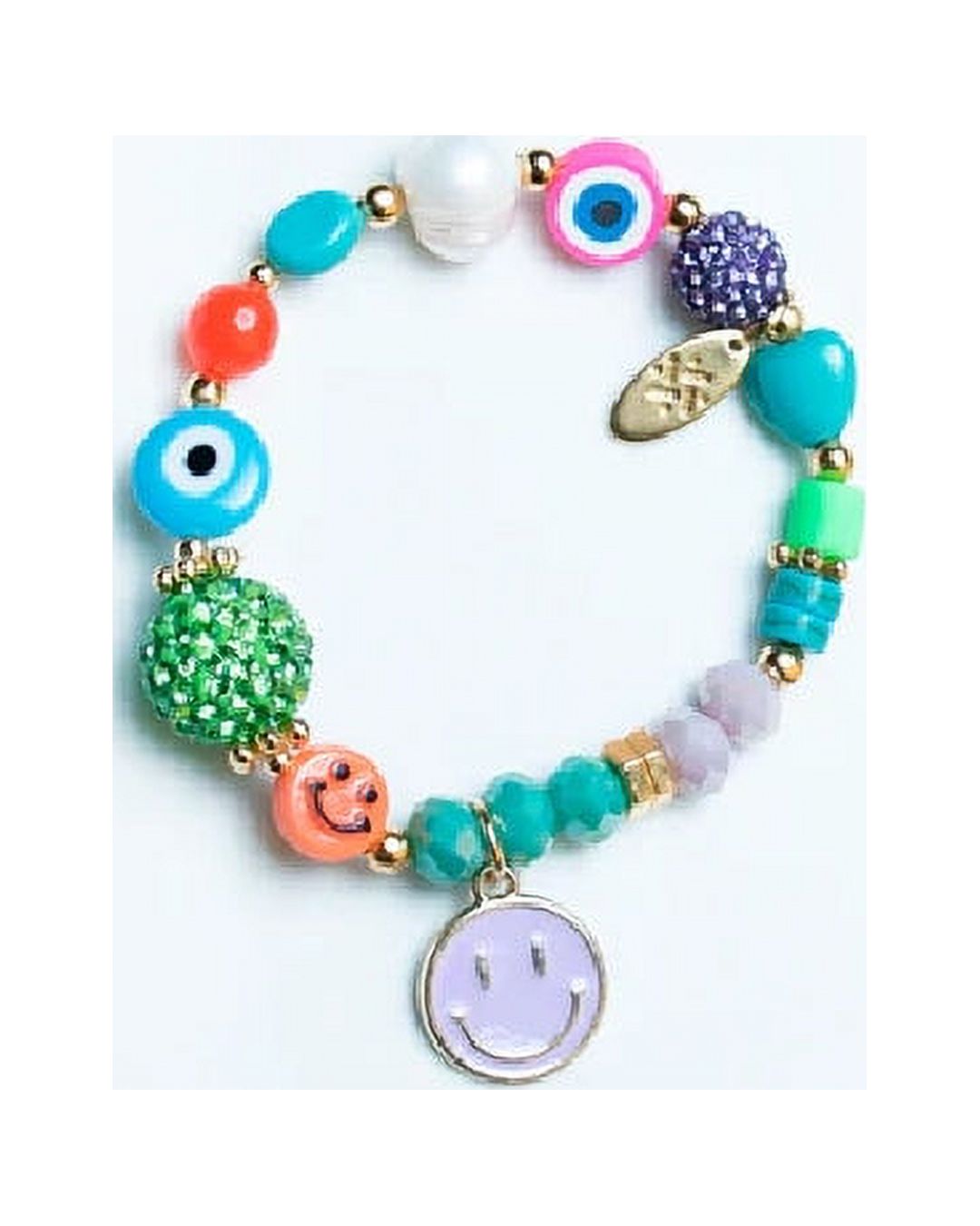 By Fabrizio Design  Aurora Manarola Smiley Face, Sky Blue Murano Nazar, Violet & Green Fireball Charms Elastic Bracelet for Women