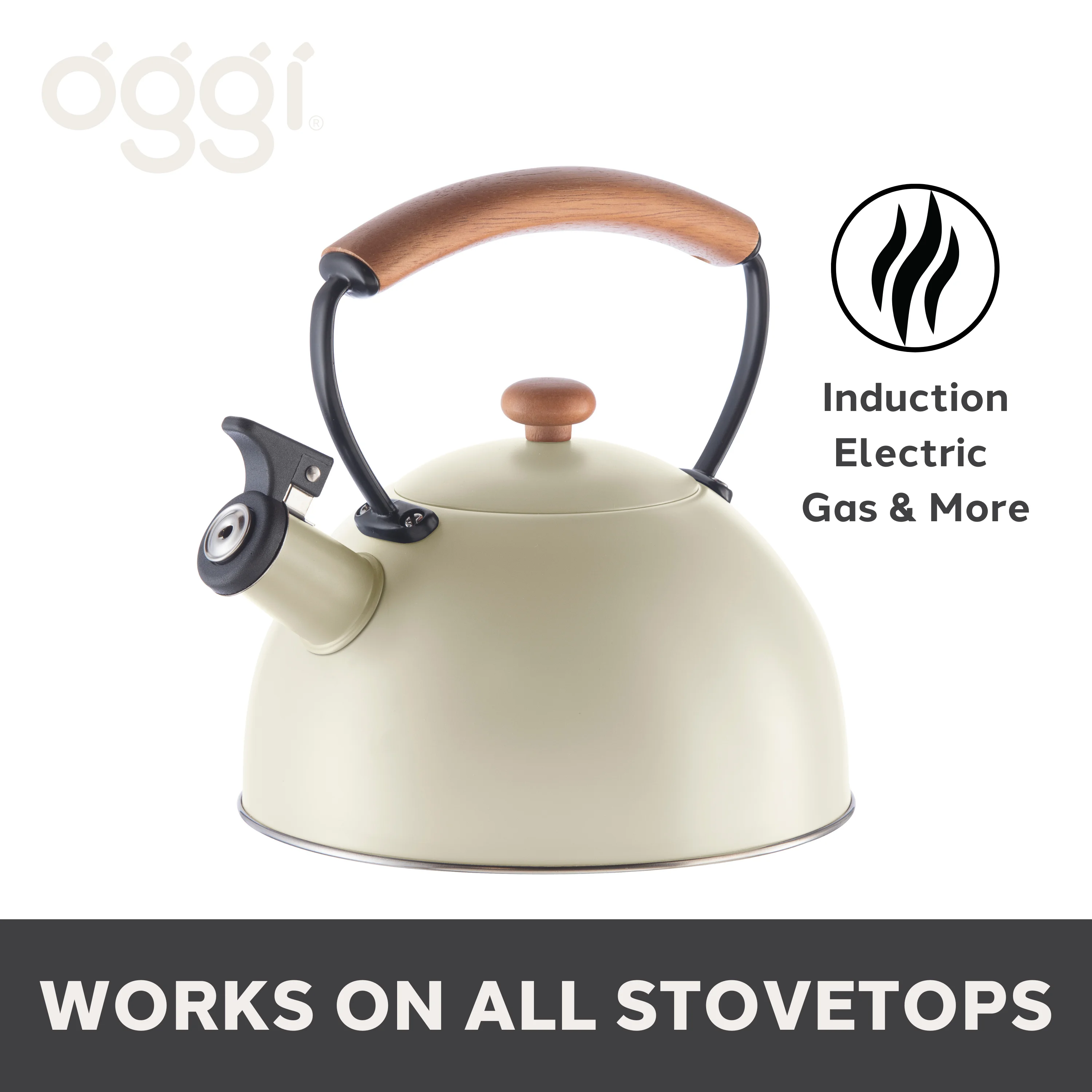 Stainless Steel, Wood Handle, Whistling Tea Kettle (2.5 lt, 85 oz) - Warm Gray