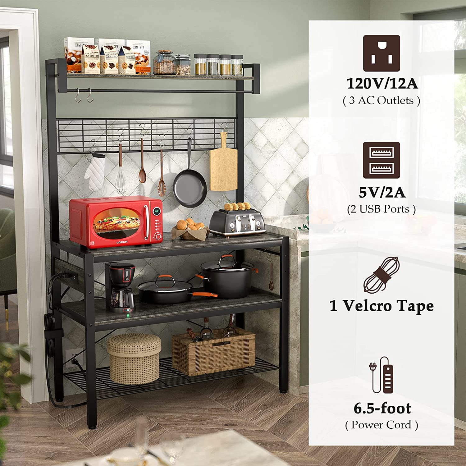 with 1, 4-Tier Microwave Oven Stand, Coffee Bar Station with 10 Hooks, Large Kitchen Storage Shelf with , Rustic Brown