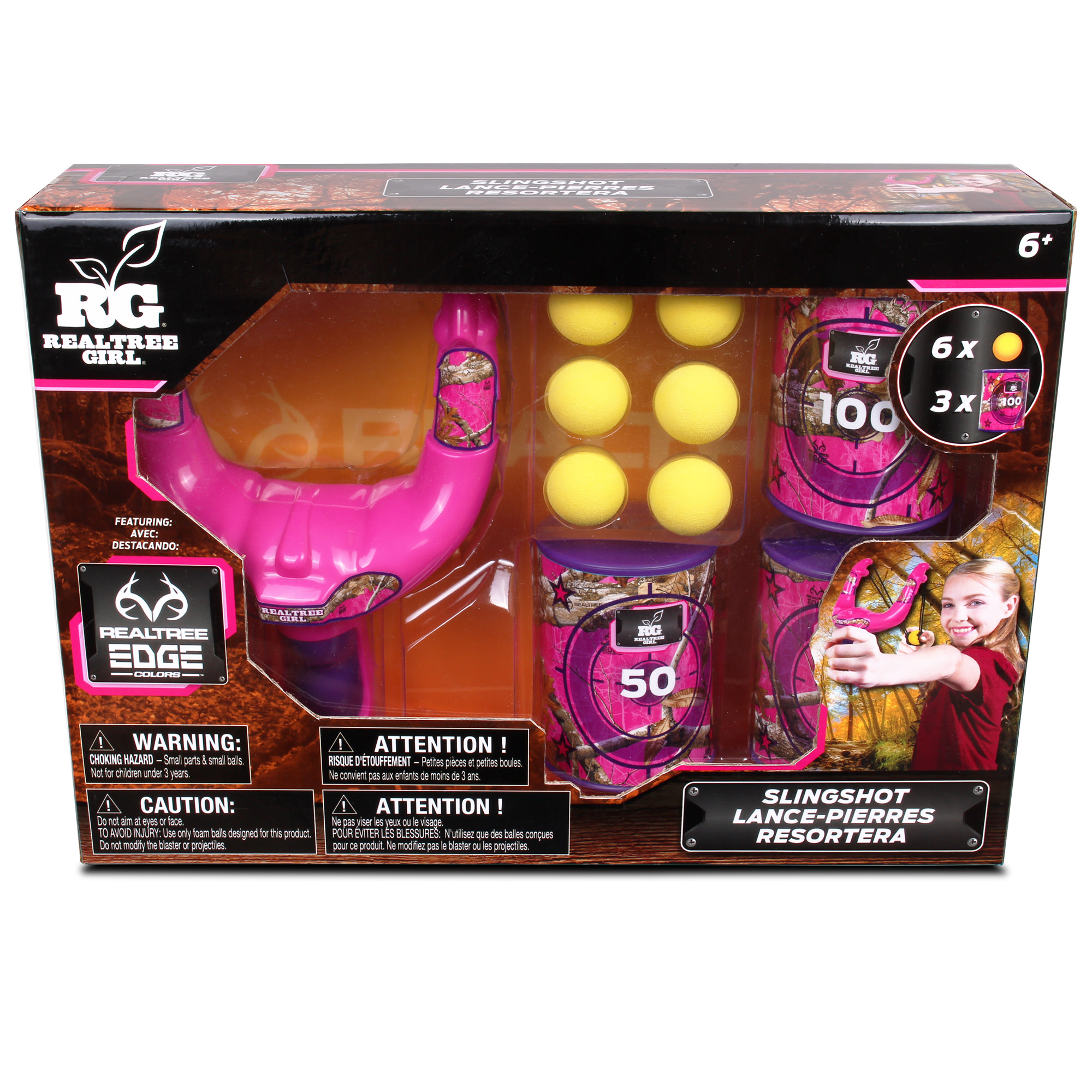 NKOK RealTree: Handheld Slingshot Set - Pink - #25038 Includes 6 Foam Balls & 3 Can Targets, Toy Slingshot Shoots Up To 30 Feet, Officially Licensed, For Ages 6+