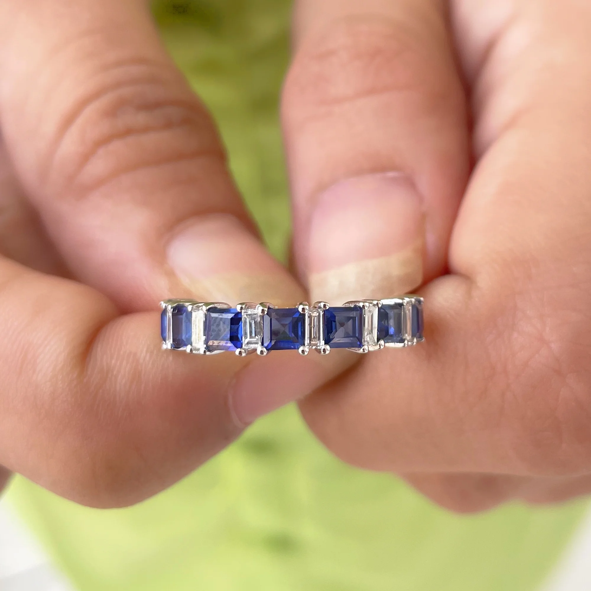 Womens 2 CT Princess Cut Lab Created Blue Sapphire Half Eternity Ring with Diamond, 14K White Gold, US 4.50